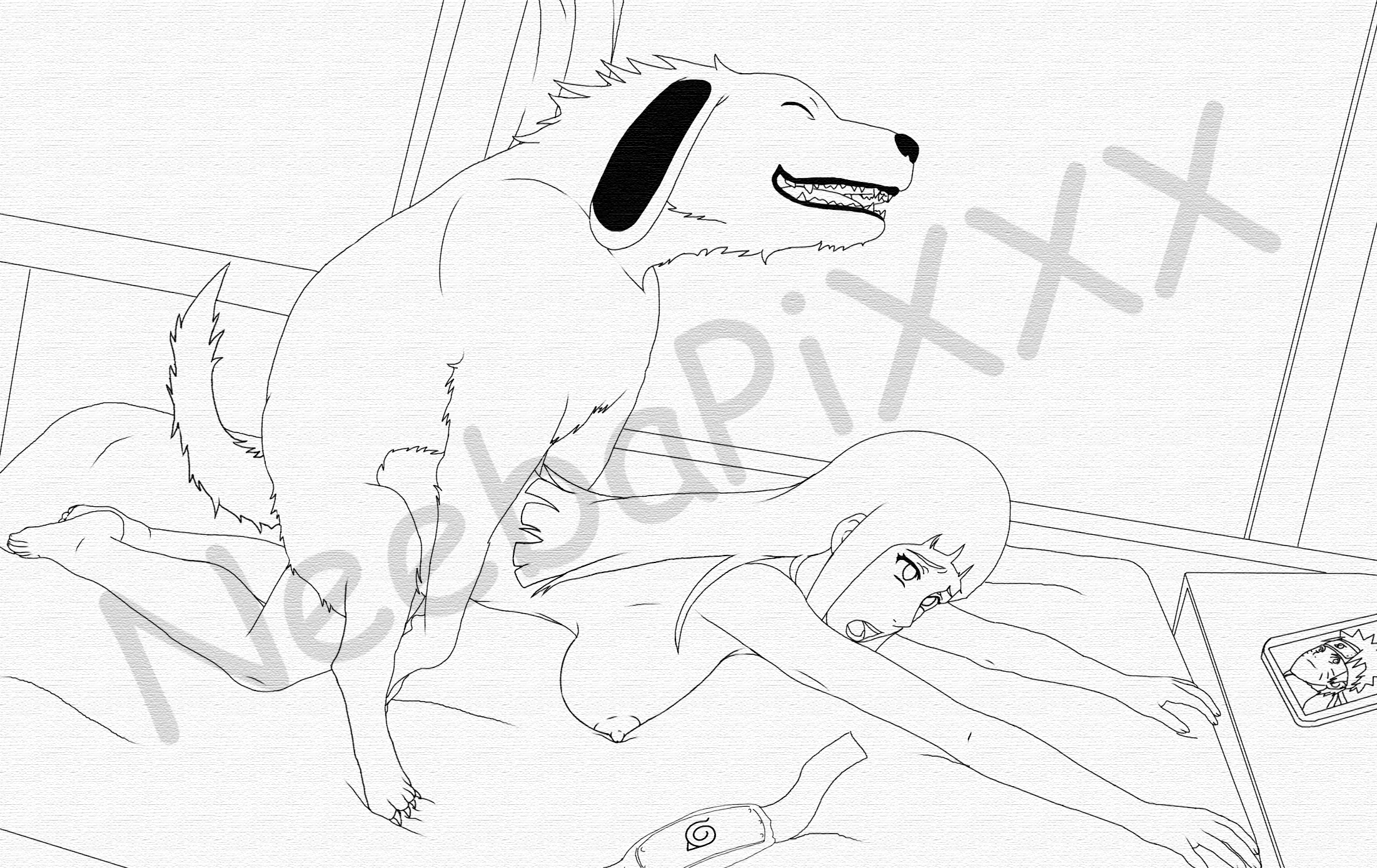 neebapixxx, akamaru (naruto), hyuuga hinata, naruto, 1boy, breasts, canine, female, interspecies, knot, zoophilia, 