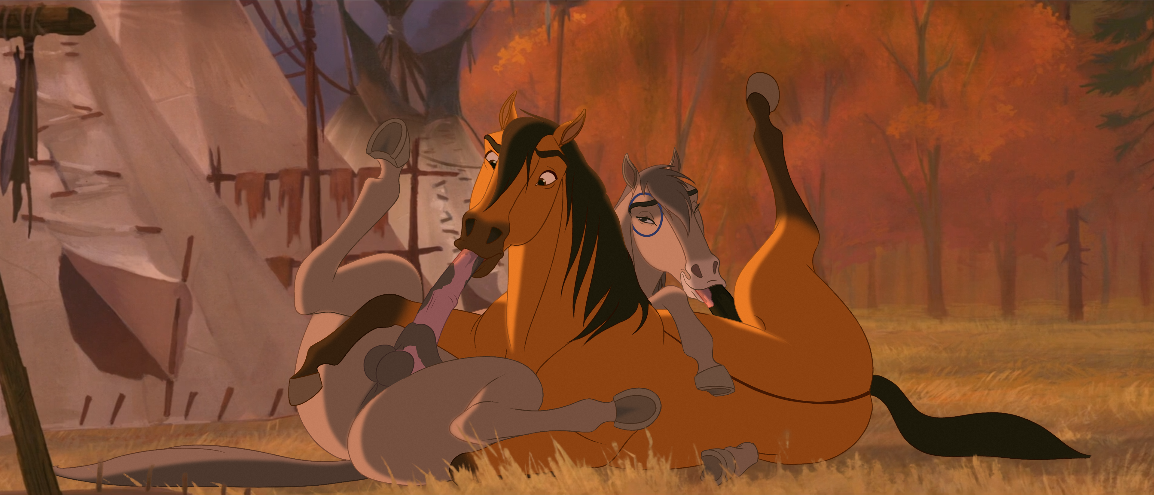 zica, spirit (cimarron), dreamworks, spirit: stallion of the cimarron, absurd res, hi res, 69 position, balls, bodily fluids, confusion, drooling, duo, equid, equine, fellatio, feral, fur, genitals, grass, horse, lying, male, male/male, mammal, mane, muzzle (disambiguation), nextime, oral, penile, penis, plant, saliva, sex, spirit, sucking, tribe, zoophilia, 
