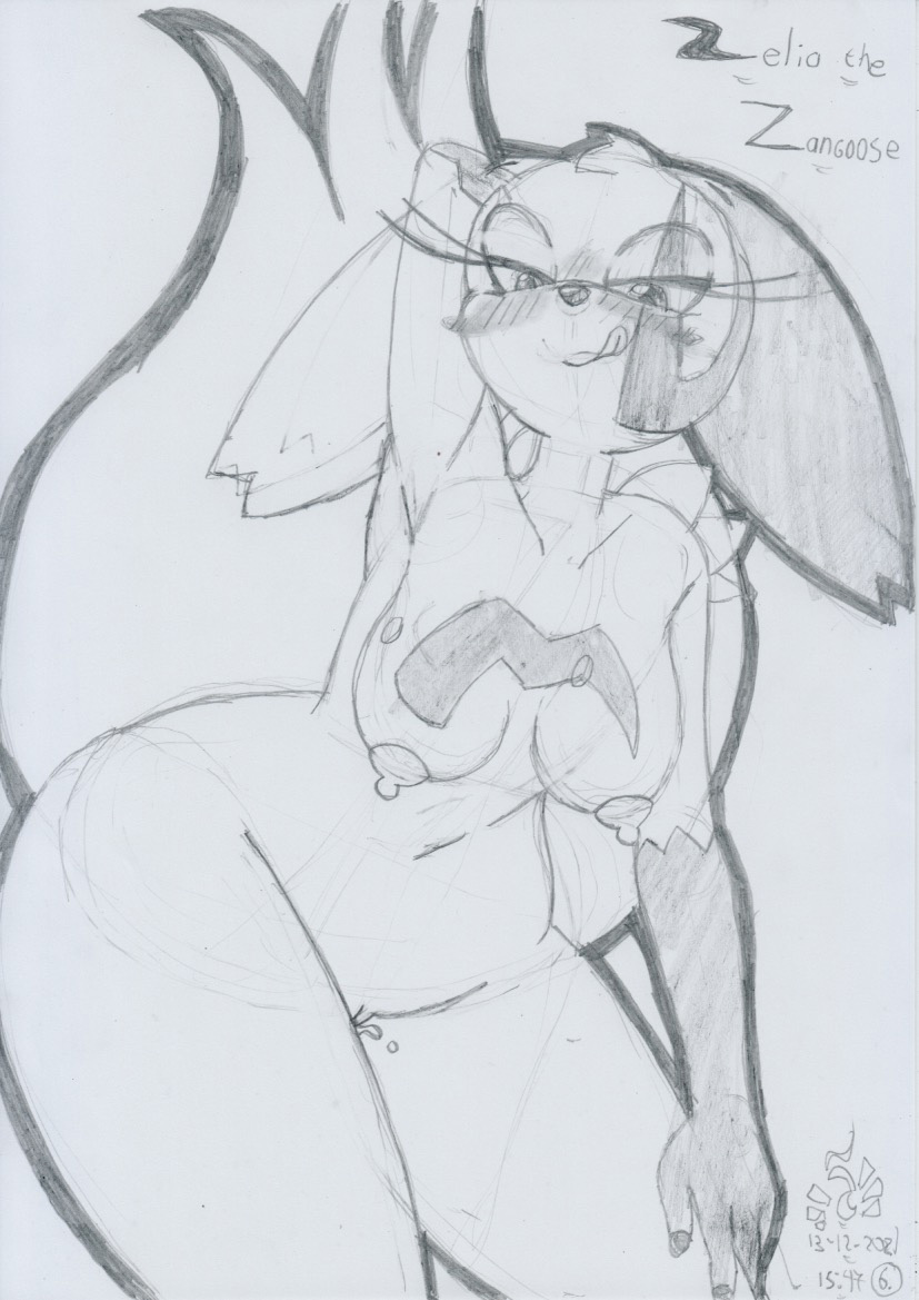 lunaris parukia, zangoose, nintendo, traditional media (artwork), anthro, anthrofied, bedroom eyes, blep, blush, bodily fluids, breasts, ears down, female, fluffy, fluffy tail, genital fluids, genitals, graphite (artwork), hand behind head, hand on leg, leaning, leaning forward, looking at viewer, markings, medium breasts, narrowed eyes, nipples, nude, pivoted ears, pokemon, pussy, pussy juice, seductive, shoulder tuft, smile, smiling at viewer, solo, tongue, tongue out, tuft, video games, zelia (lunaris parukia), 