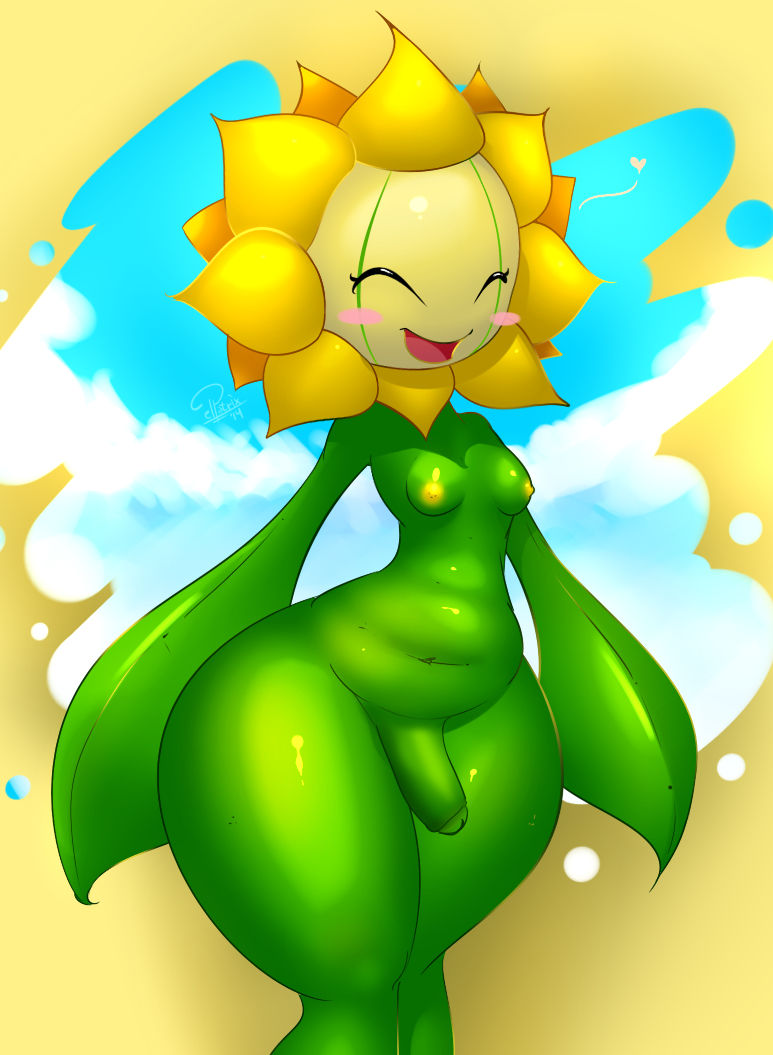 elpatrixf, pokemon (species), sunflora, nintendo, alternate species, blush, breasts, elemental creature, elemental humanoid, flora fauna, flower, flower creature, flower humanoid, generation 2 pokemon, genitals, happy, herm, humanoid, humanoidized, intersex, navel, nipples, non-mammal breasts, not furry, nude, open mouth, penis, plant, plant humanoid, pokemon, pokemorph, slightly chubby, smile, solo, standing, sunflower, thick thighs, tongue, video games, wide hips, 