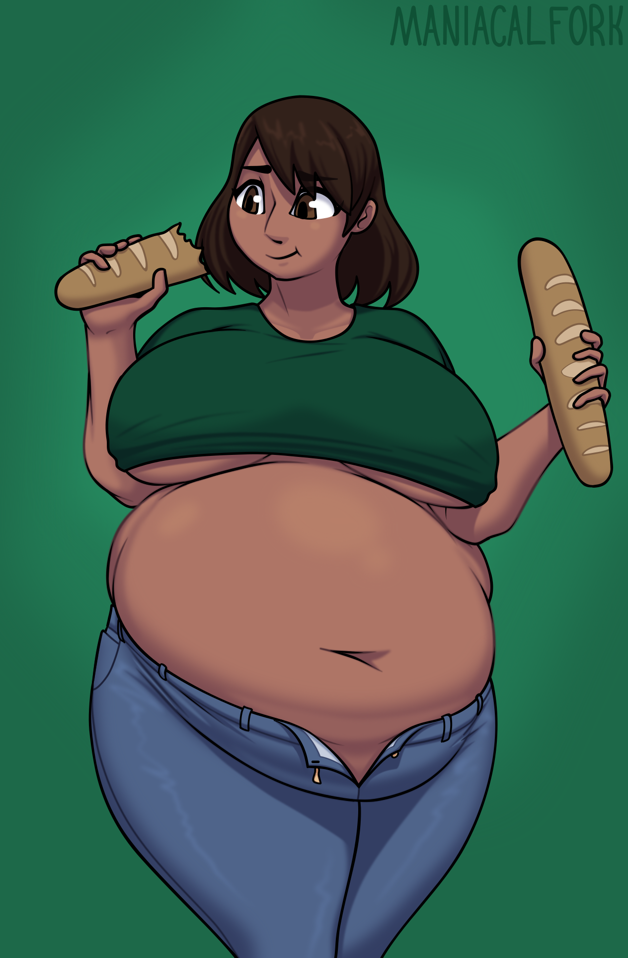 maniacalfork, original character, original, green background, watermark, belly, belly button, big belly, big breasts, bottomwear, bread, brown eyes, brown hair, dark-skinned female, dark skin, jeans, overweight, pants, shirt, short hair, smile, standing, thick, thick thighs, tight clothing, tight fit, topwear, underboob, weight gain, 