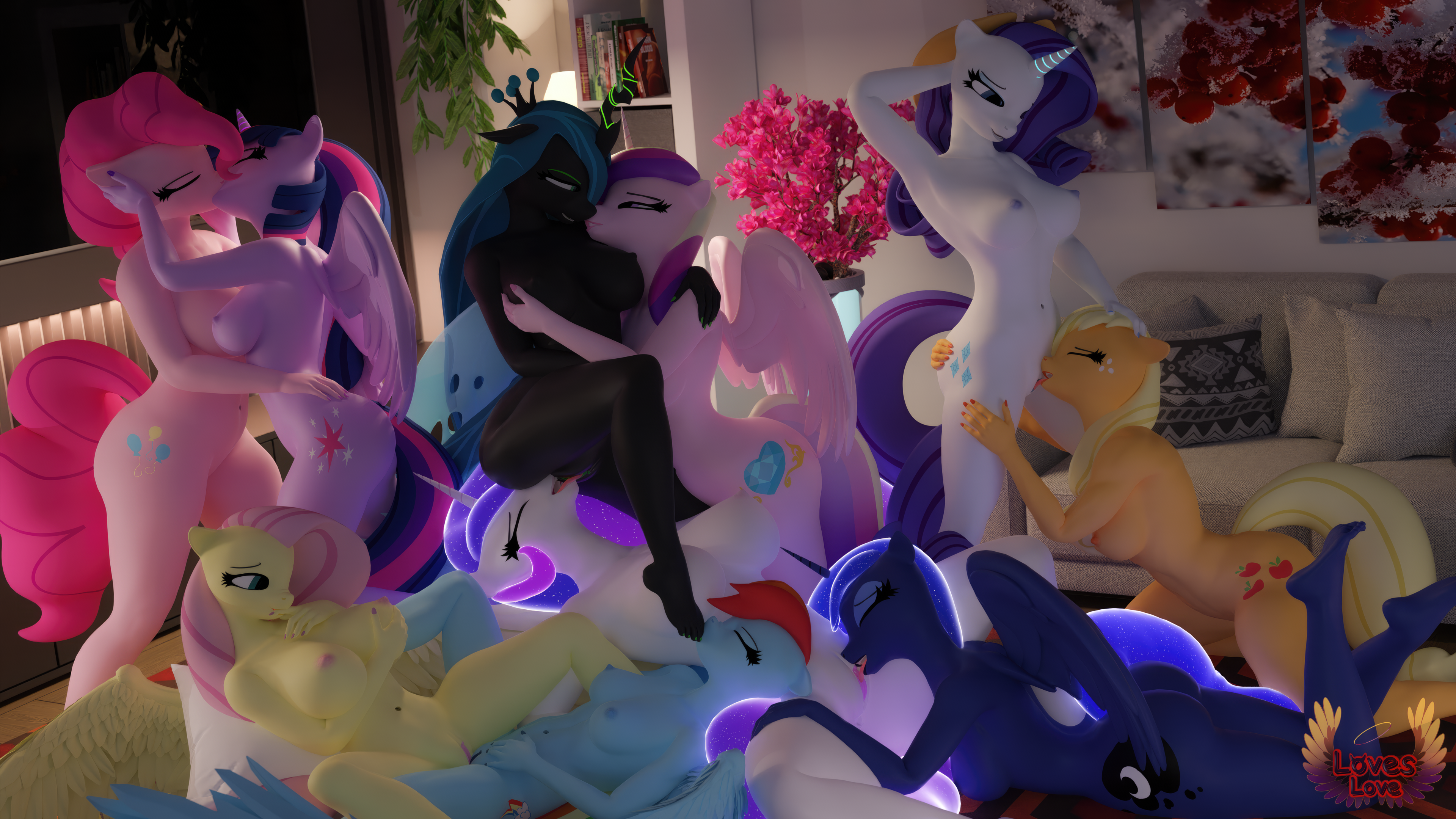 loveslove, applejack (mlp), fluttershy (mlp), pinkie pie (mlp), princess cadance (mlp), princess celestia (mlp), princess luna (mlp), princess twilight sparkle (mlp), queen chrysalis (mlp), rainbow dash (mlp), rarity (mlp), friendship is magic, hasbro, my little pony, 3d (artwork), absurd res, digital media (artwork), hi res, alicorn, arthropod, big breasts, breast size difference, breasts, changeling, cunnilingus, equid, equine, feet, female, female/female, foot fetish, foot in mouth, foot play, foot suck, genitals, group, group sex, horn, incest (lore), kissing, licking, mammal, nipples, nude, oral, pegasus, pussy, sex, sibling, sister, sisters, sucking, toe in mouth, toe suck, toes, tongue, tongue out, tribadism, unicorn, vaginal penetration, wings, 