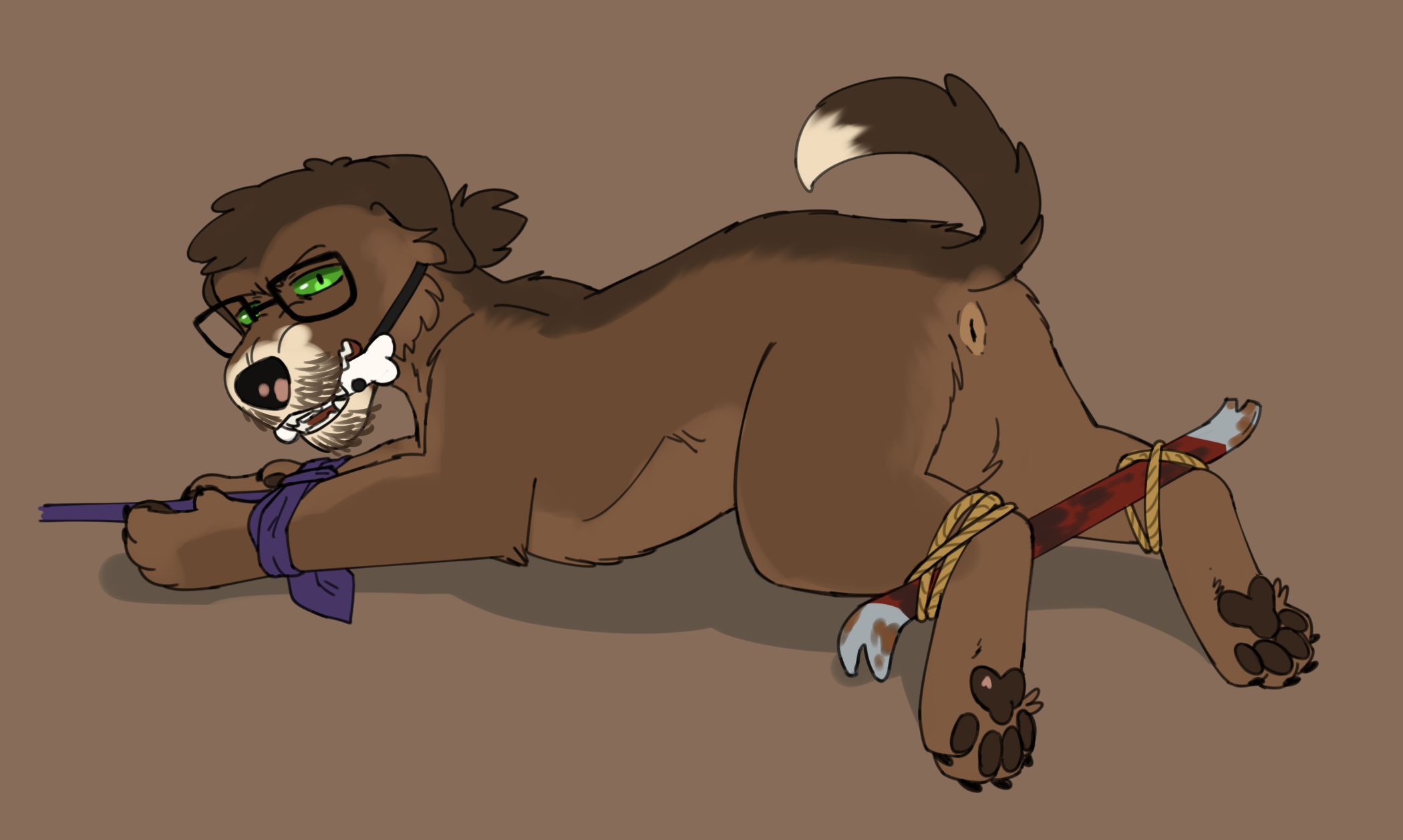 hi res, anus, bared teeth, bondage, bone gag, bound, canid, canine, canis, domestic dog, eyewear, featureless crotch, feral, gag, gagged, looking at viewer, male, mammal, null, nullo, puppyratcat, restraints, solo, spreader bar, submissive, 