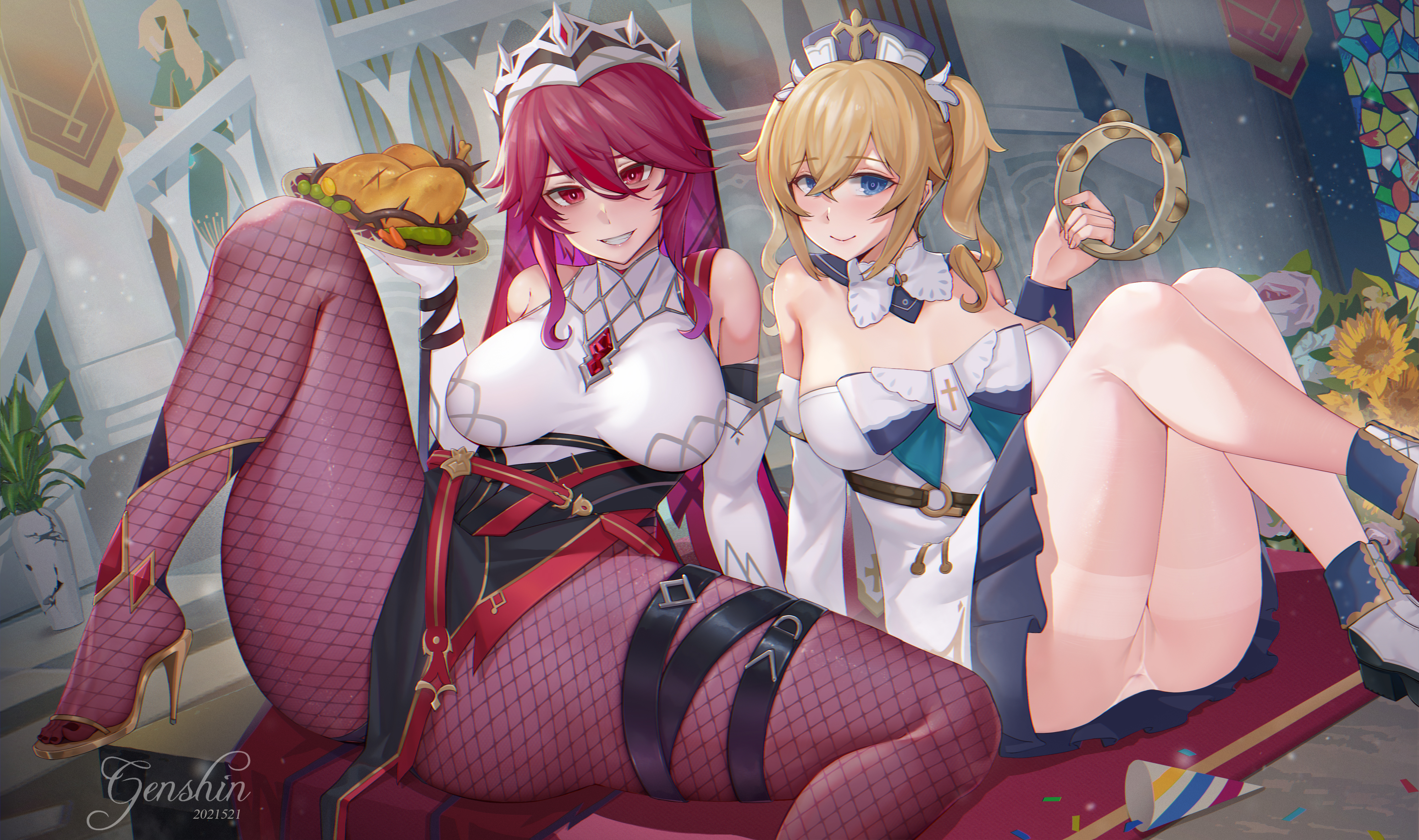 ctrlz77, 2girls, anus, barbara (genshin impact), blue eyes, brown hair, dress, food, genshin impact, long hair, red eyes, rosaria (genshin impact), spread legs, twintails, 