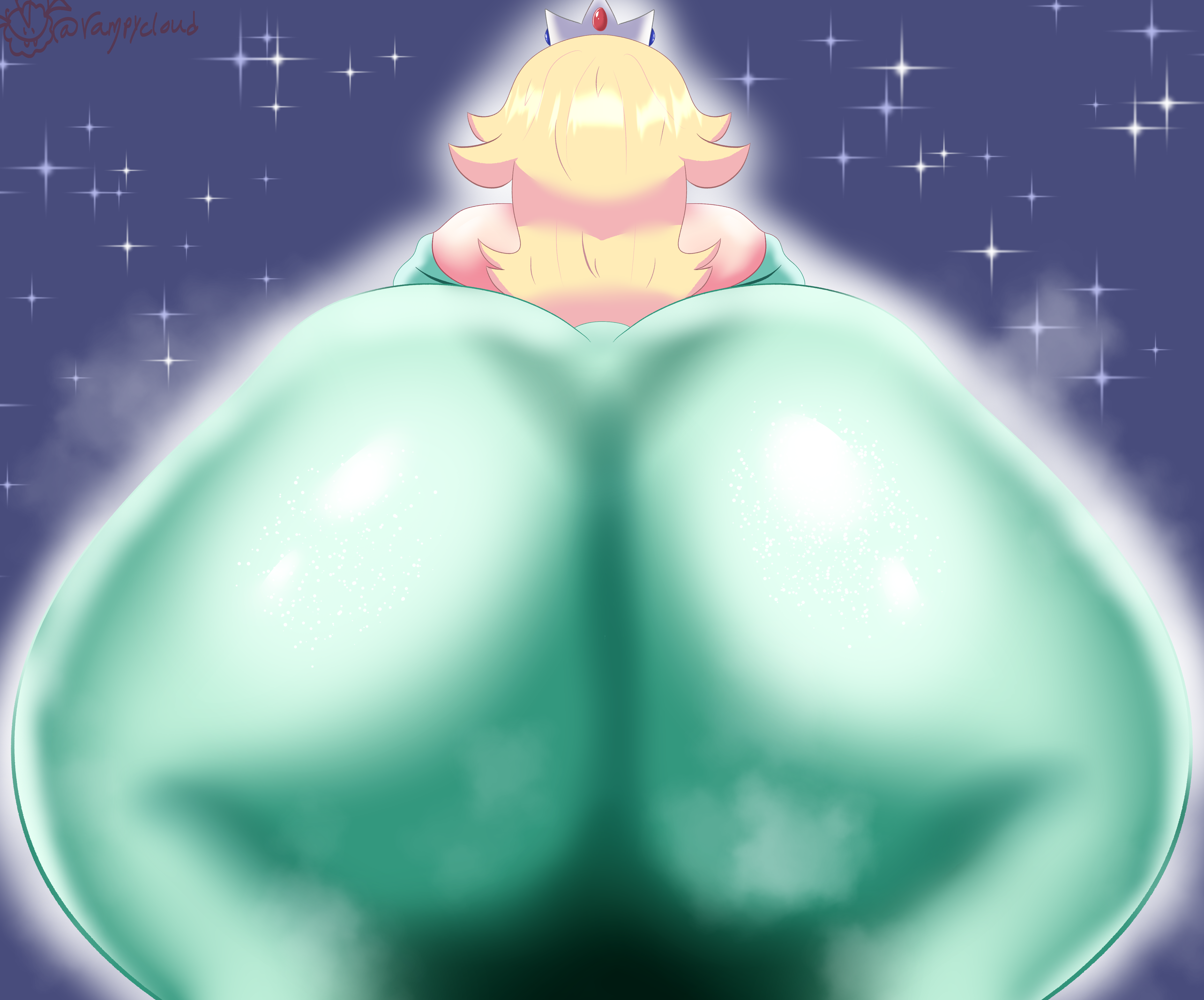 princess rosalina, mario (series), nintendo, 1girls, ass, big ass, big butt, blonde hair, clothed, colossal ass, crown, dress, female, huge ass, long hair, presenting, presenting ass, presenting hindquarters, robe, shoulders, tight clothing, tight dress, vampycloud, 