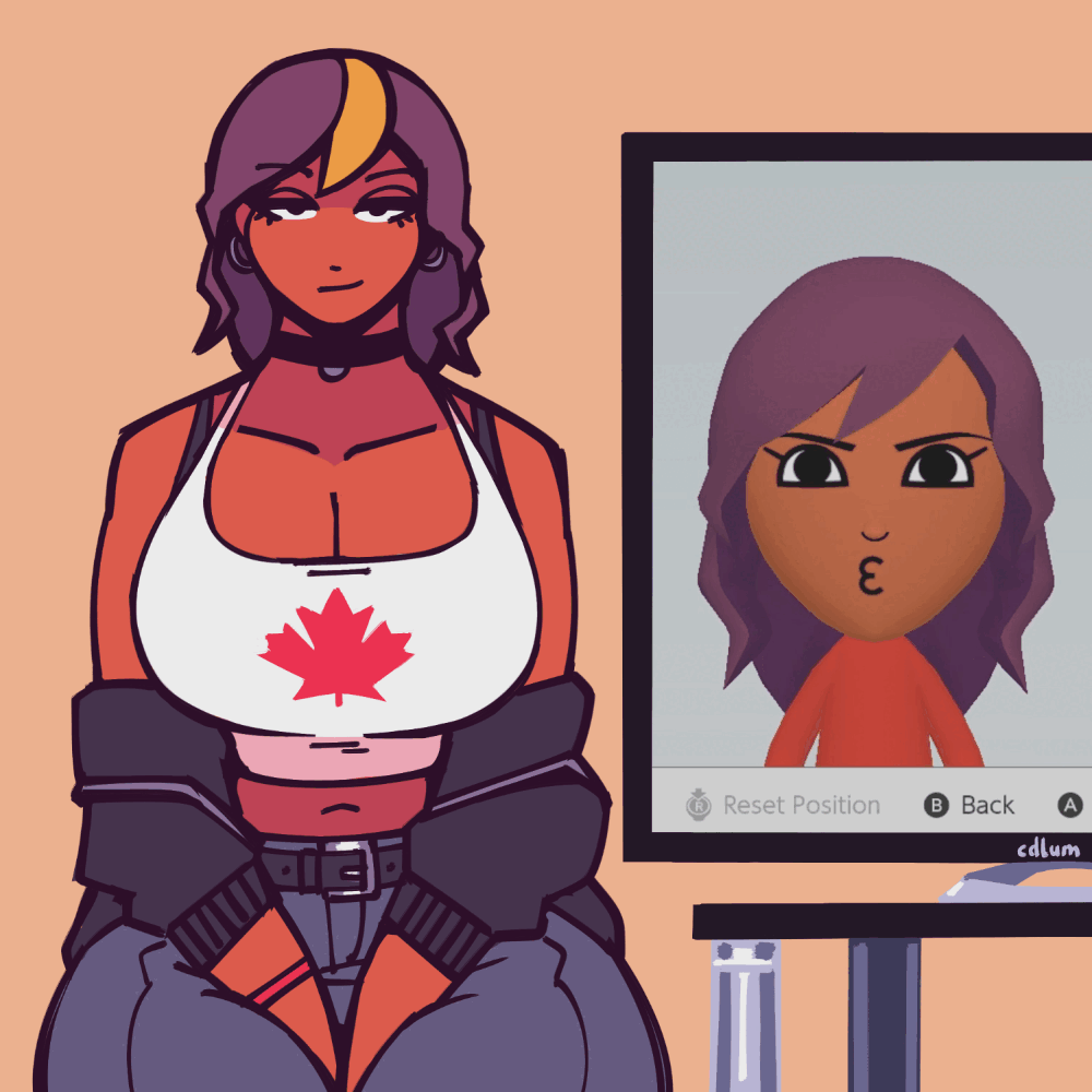 animated belt big_breasts black_hair cdlum choker customization dark-skinned_female dark_skin earrings jeans maple_(cdlum) mii nintendo nintendo_wii sitting smile television thick_thighs thighs tv wholesome wii yellow_stripe