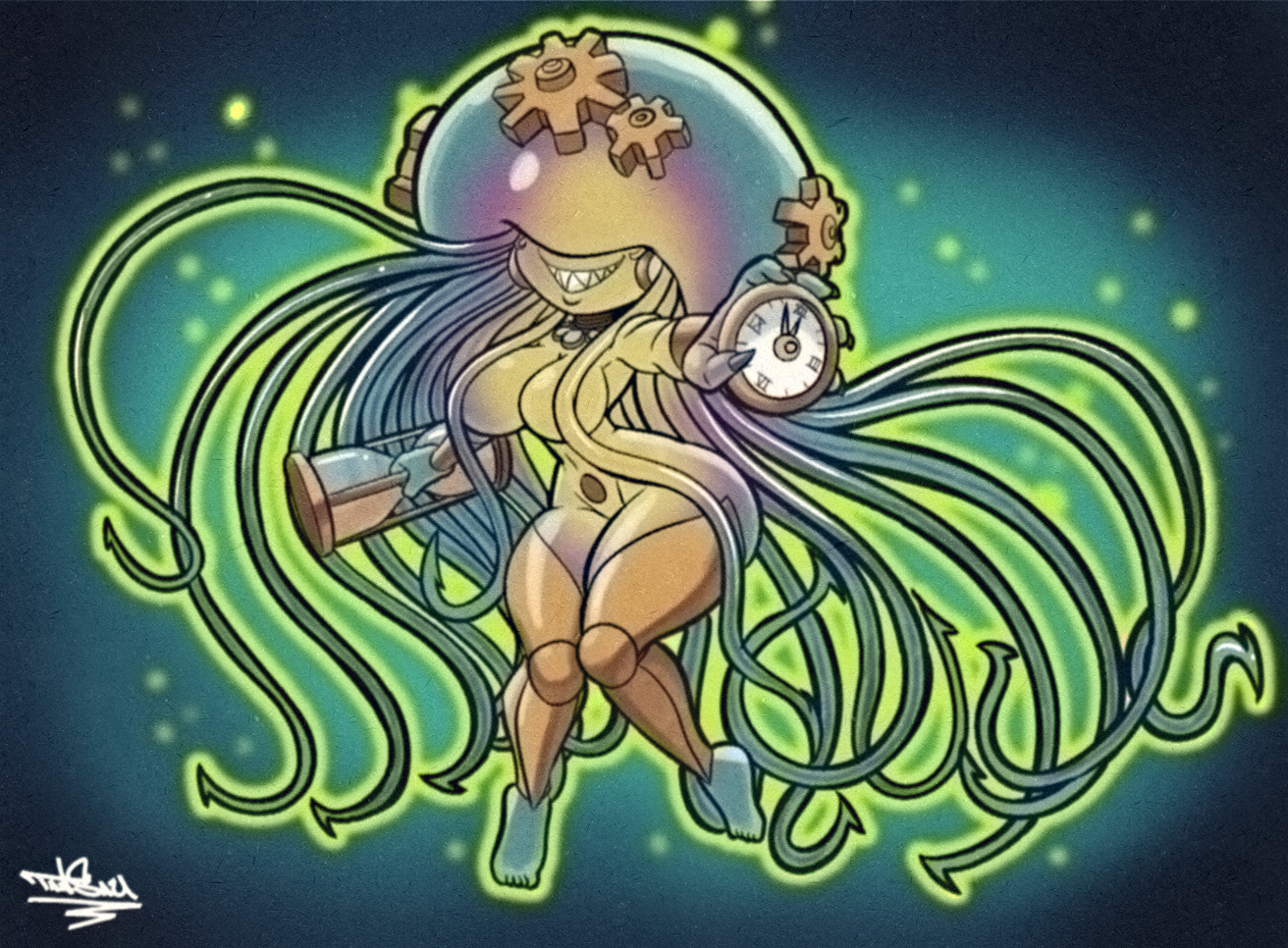 2023 2024 anthro artist_name artist_signature ass background big_ass big_breasts big_butt bioluminescence breasts clock cnidarian cnidarian_humanoid collar covered_eyes curvy_figure digital_drawing_(artwork) digital_media_(artwork) female female_only gear glowing hi_res hourglass_(object) hourglass_figure huge_ass huge_butt huge_hips jellyfish leg_armor marine medusozoan medusozoan_humanoid mostly_nude multicolored_body nails navel non-mammal_breasts non-mammal_navel sharp_claws sharp_nails sharp_teeth signature smile smiling_at_viewer solo tansau teeth tentacle wasp_waist wide_hips