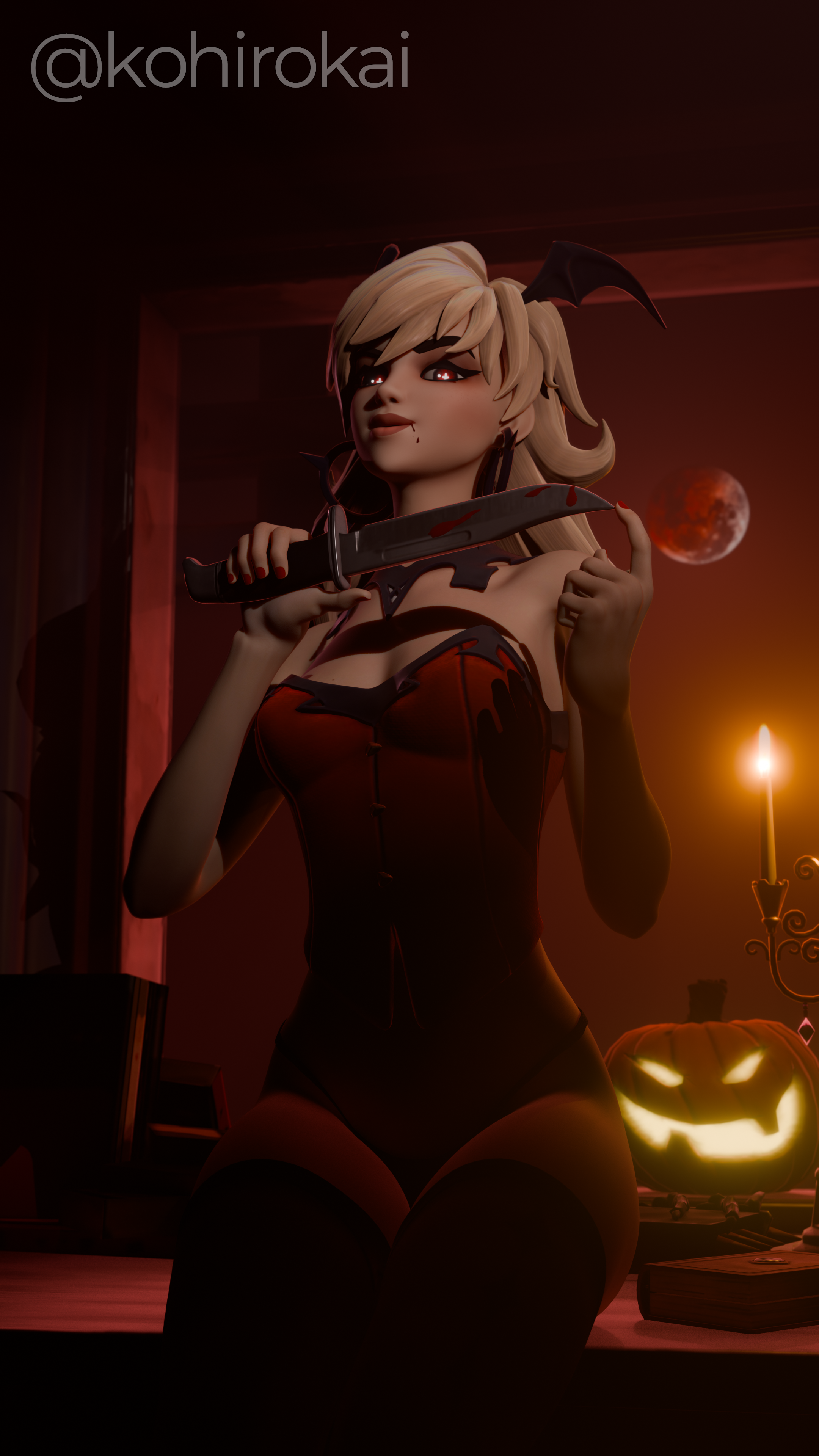 blood_on_face fortnite joni_(fortnite) knife knife_play kohirokai red_ruin_joni_(fortnite) semi_nude solo_female