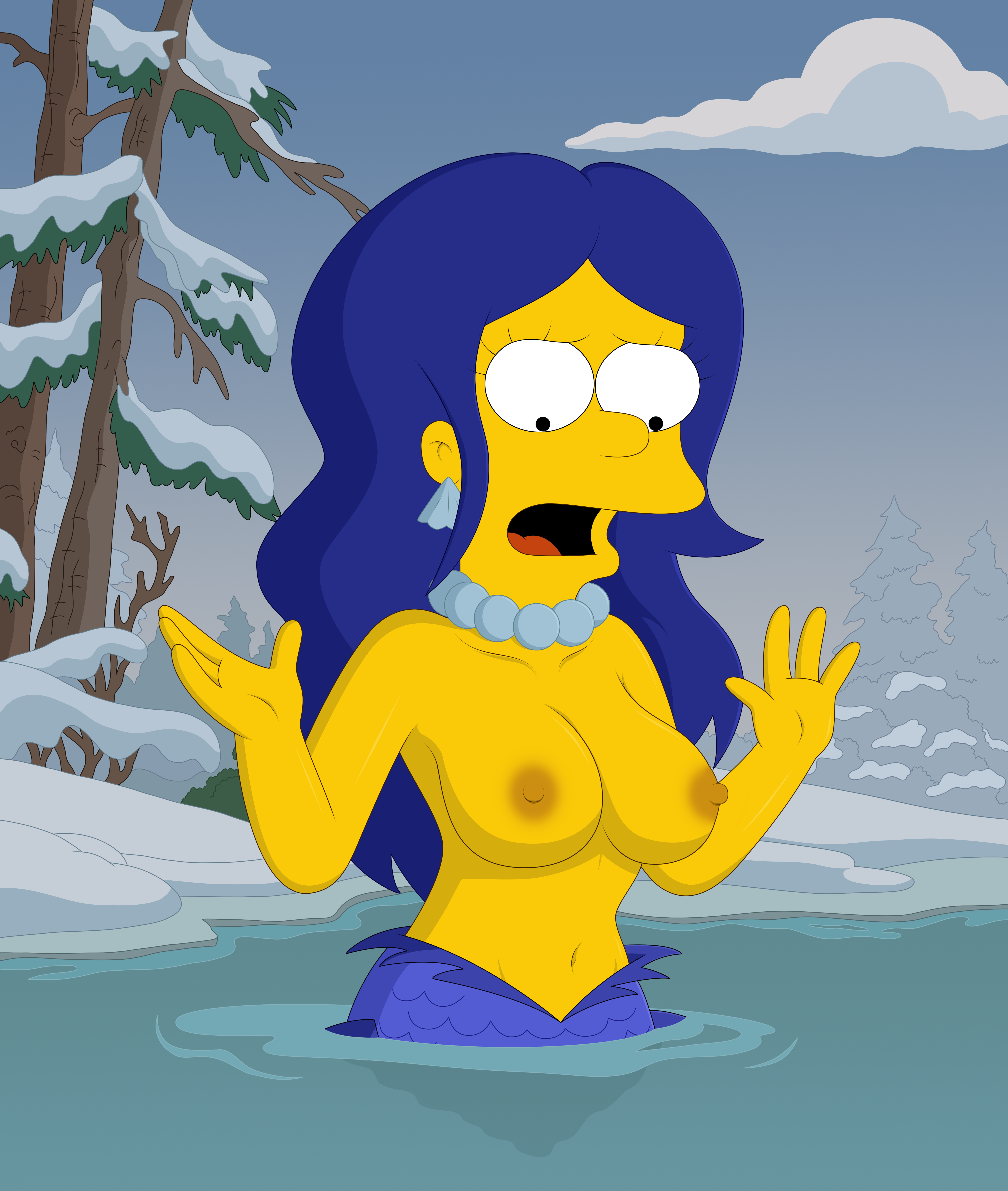 big_breasts blue_hair breasts cloud collarbone coming_out_of_water earrings erect_nipples gp375 hands_up looking_down marge_simpson mermaid navel nipples nude open_mouth outdoors pearl_necklace pine_tree shaded snow the_simpsons water yellow_body yellow_skin