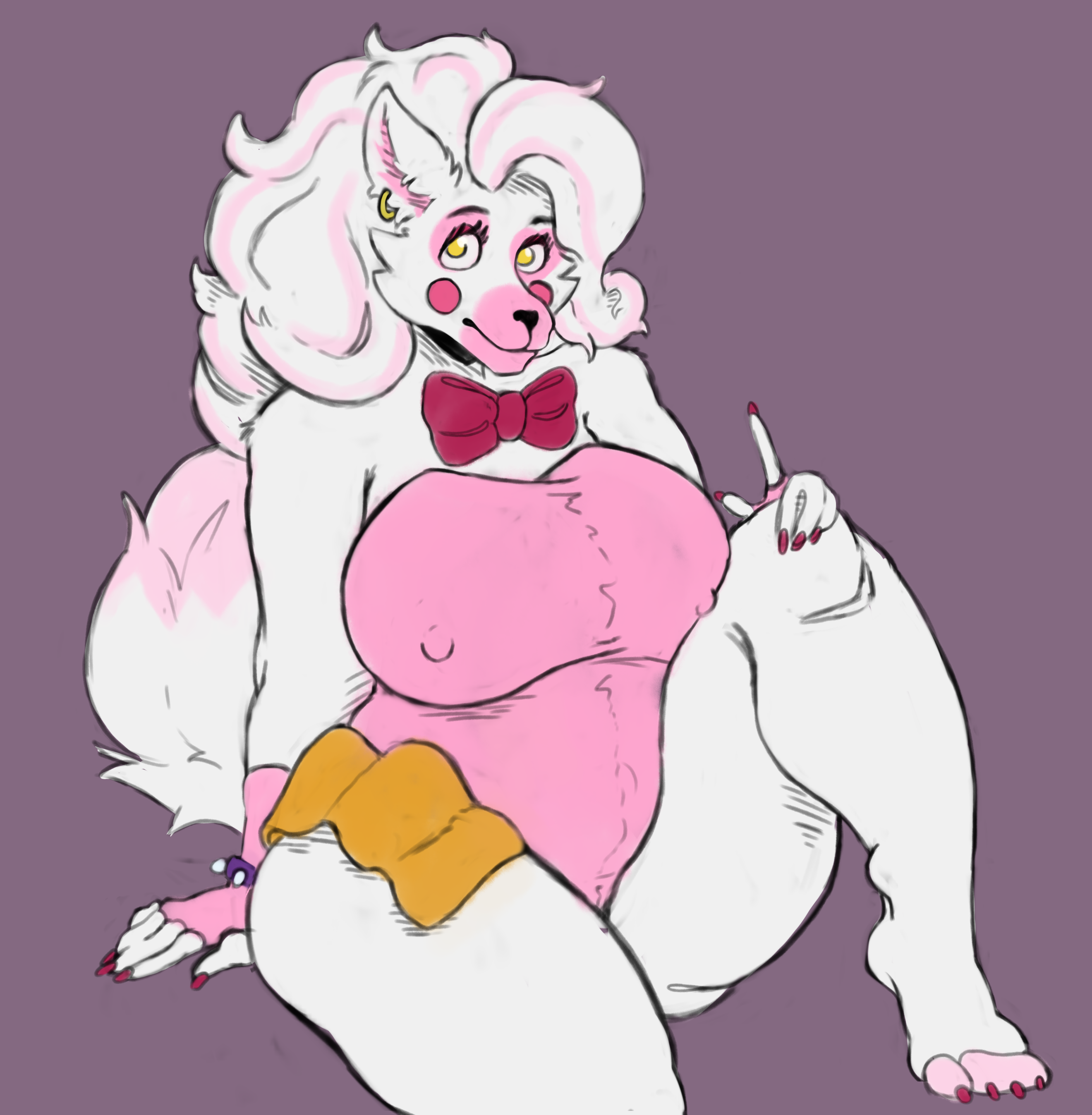 mangle (fnaf), absurd res, hi res, awful lad, ballerina, ballet, big breasts, bow tie, breasts, canid, canine, chubby female, clothing, female, fox, glamrock mangle (fnaf), mammal, one-piece swimsuit, scottgames, slightly chubby, solo, swimwear, thick thighs, wide hips, 
