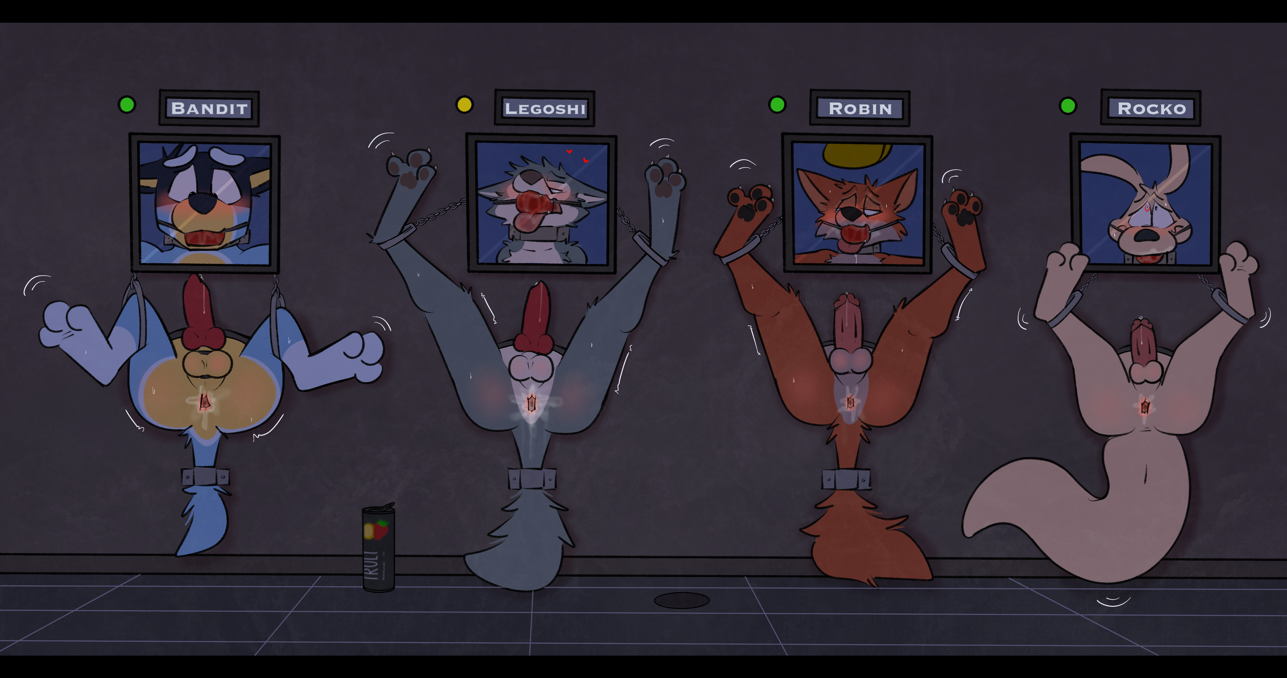 after_anal after_sex anal animal_genitalia anthro anus aroused_face ass ball_gag bandit_heeler beastars bluey_(series) bodily_fluids bondage bound canid canine canine_genitalia canis chained_to_wall cum cum_in_ass cum_inside disney erection forced_anal forced_exposure fox gag gaping gaping_anus gay genital_fluids genitals group harem hi_res iabsurd_res leaking_cum leaking_precum legoshi_(beastars) legs_up macropod male male/male mammal marsupial nickelodeon on_screen precum public_use robin_hood robin_hood_(disney) rocko rocko's_modern_life rocko_rama rotten_robbie spread_legs spreading stuck_in_wall truly_(drink) wallaby wolf worried_look