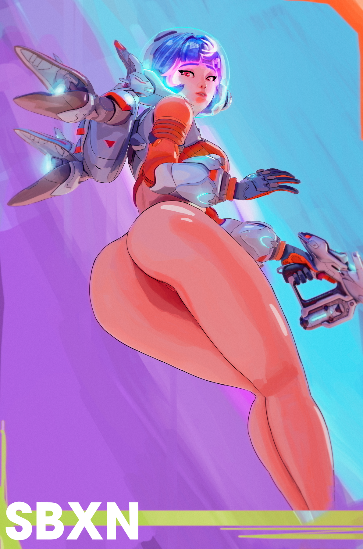 1girls 2024 artist_name ass back back_view bangs bottomless breasts calves clothed clothed_female clothing female from_behind genitals gloves gun hair handwear helmet holding_gun holding_weapon human juno_(overwatch) leaning_forward legs_together light-skinned_female light_skin looking_at_viewer looking_back looking_back_at_viewer medium_breasts medium_hair multicolored_hair overwatch overwatch_2 partially_clothed pink_hair purple_hair pussy rear_view red_eyes sbxn solo standing thighs topwear two-tone_hair vagina weapon