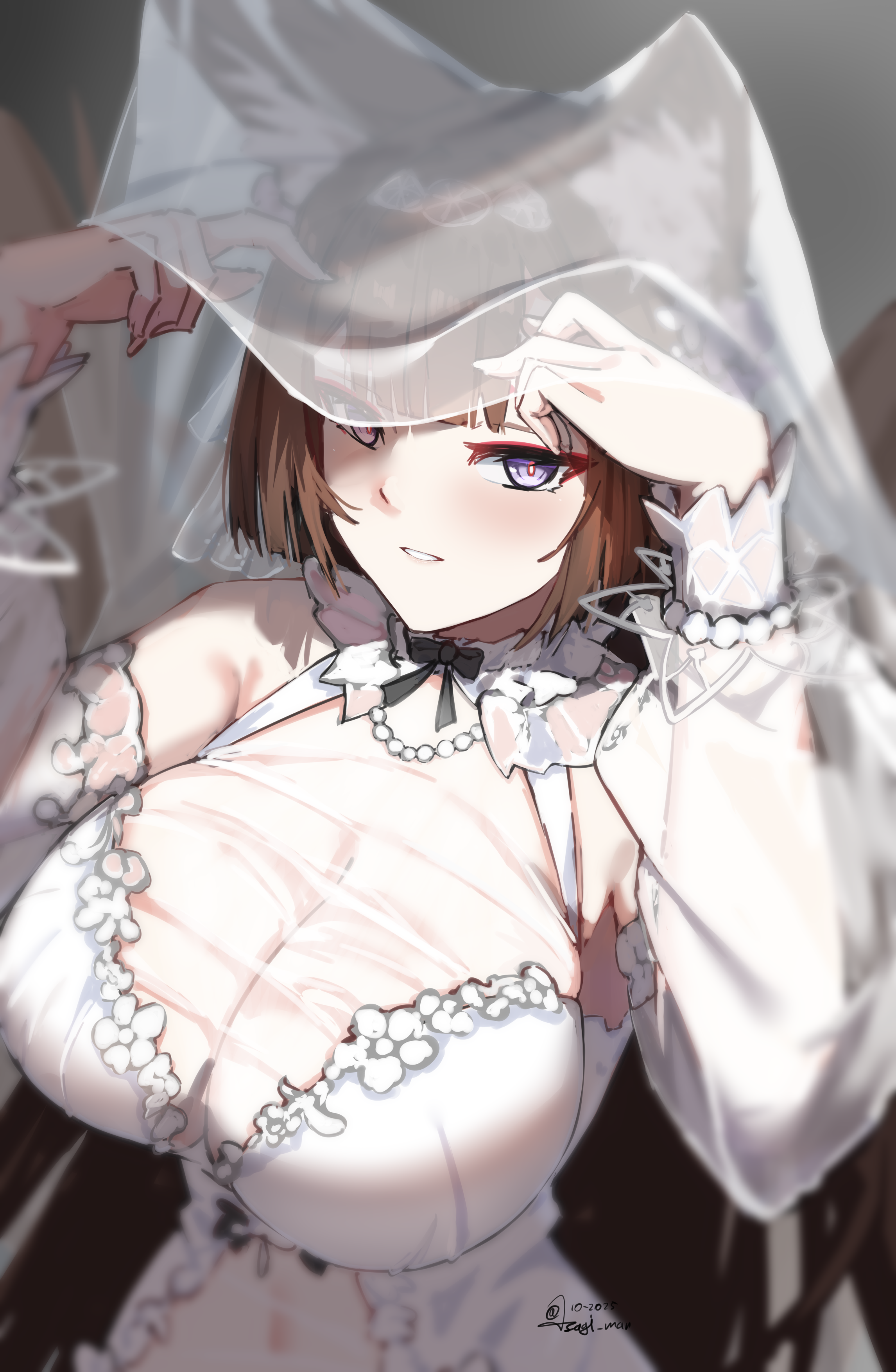 amagi_(azur_lane) animal_ear_fluff animal_ears azur_lane bare_shoulders blunt_bangs blush breasts brown_hair cg cleavage detached_sleeves dress female fox_ears fox_girl jewelry large_breasts long_hair looking_at_viewer makeup navel necklace official_alternate_costume parted_lips purple_eyes see-through smile solo tail upper_body veil very_long_hair wedding_dress white_dress