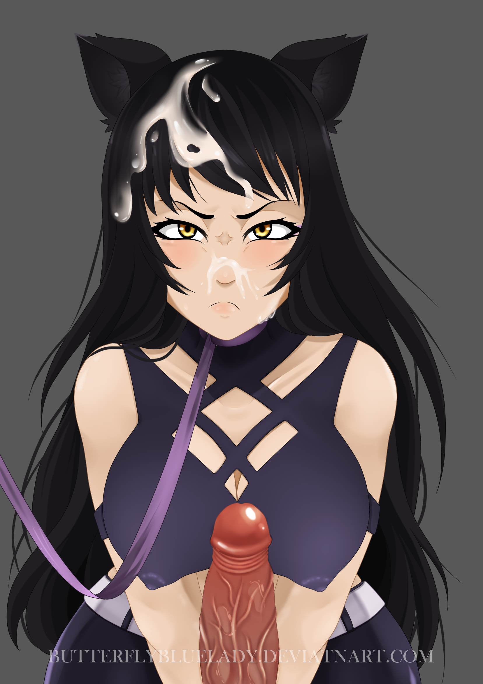 butterflybluelady, blake belladonna, rwby, angry, black hair, cat ears, cum, cum in hair, cum on face, leash, penis, very long hair, 