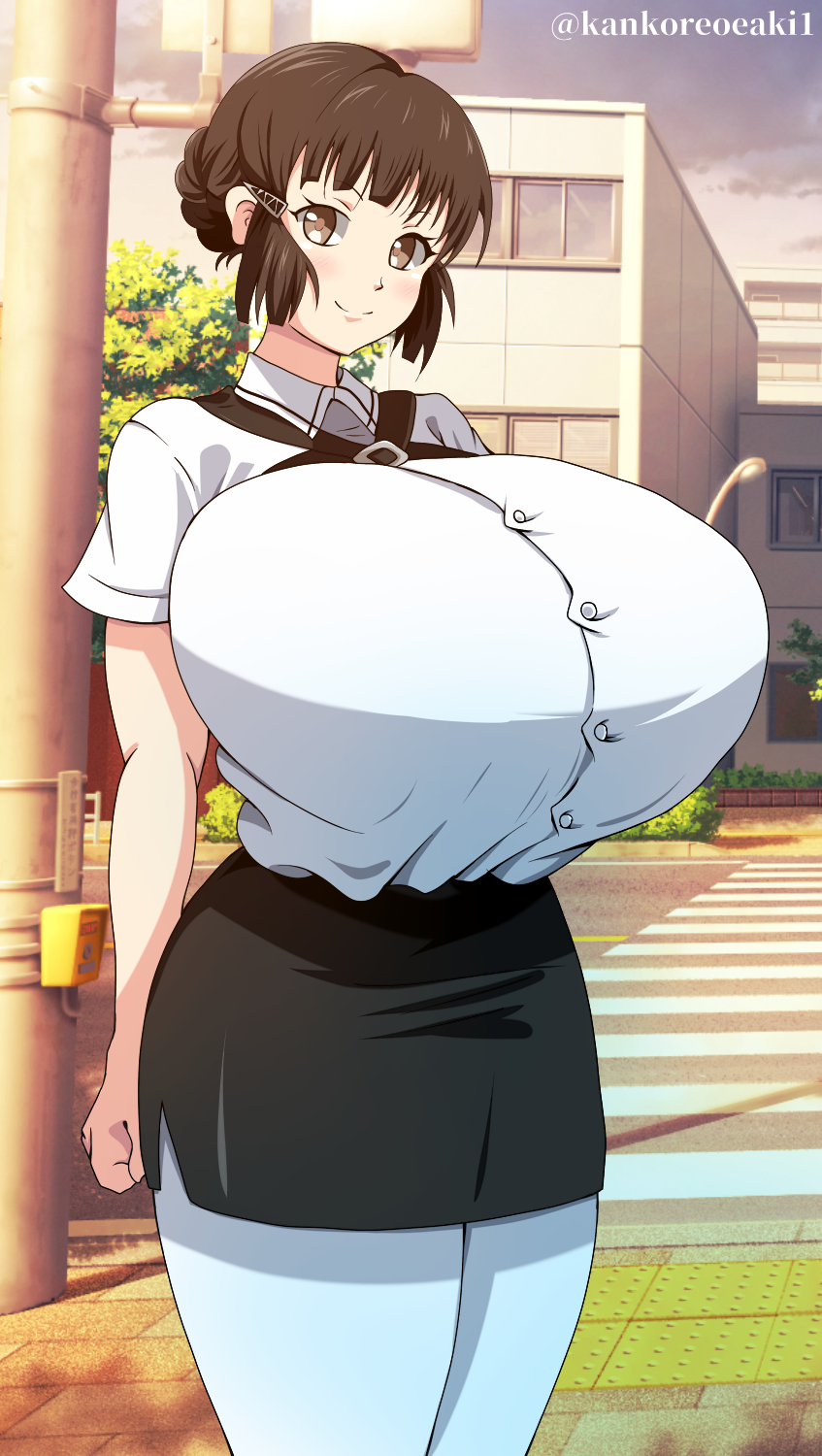 tagme, 1girls, big breasts, bursting breasts, huge breasts, kankoreoeaki1, looking at viewer, short hair, skirt, solo female, tight clothing, 