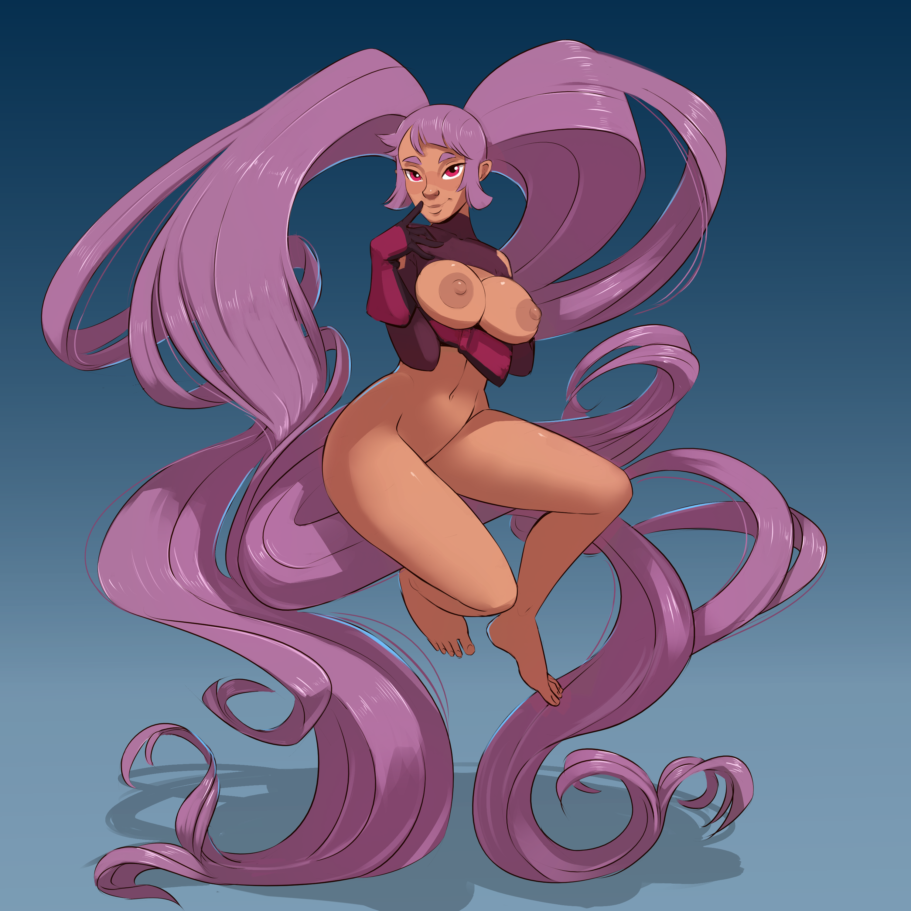 entrapta, she-ra and the princesses of power, 1girls, bare shoulders, big breasts, breasts, purple hair, red eyes, smile, thick thighs, twintails, 