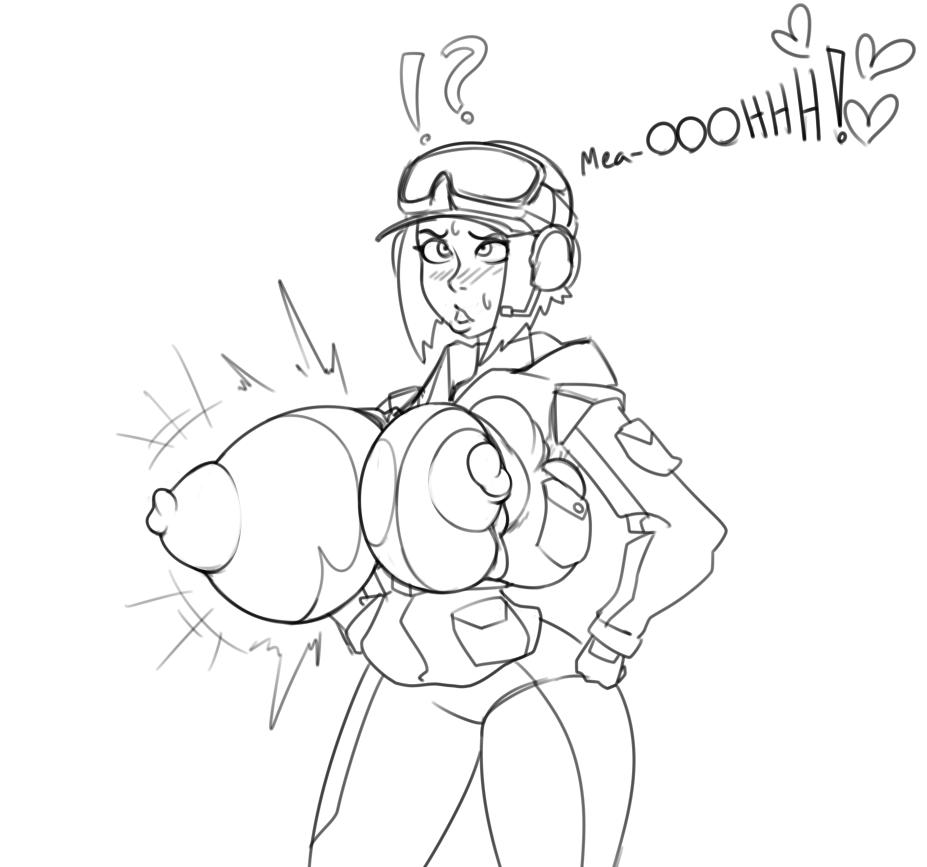 lewdreaper, ela, rainbow six siege, text, breast expansion, green hair, huge nipples, large breasts, 