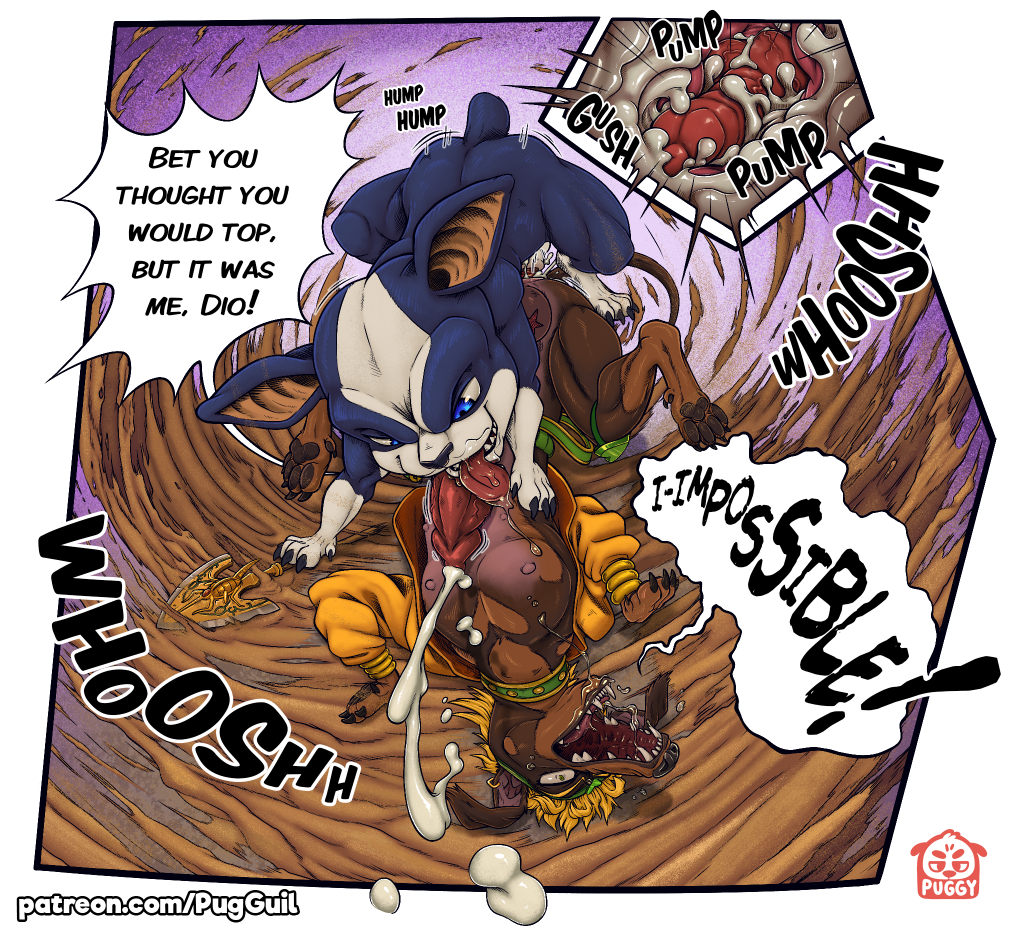 puggy, dio brando, iggy (jjba), english text, hi res, sound effects, text, accessory, after transformation, anal, anal sex, animal genitalia, animal penis, arrow (weapon), balls, birthmark, blonde hair, bodily fluids, boston terrier, canid, canine, canine penis, canis, clothing, collar, cum, cum in ass, cum inside, dachshund, dialogue box, domestic dog, duo, ejaculation, fangs, feral, from front position, genital fluids, genitals, hair, headband, hunting dog, internal, jacket, knot, legs up, lying, male, male/male, mammal, markings, missionary position, molosser, on back, penetration, penis, questionable consent, ranged weapon, saliva, saliva string, sand, sex, small molosser, teeth, terrier, tongue, tongue out, topwear, toy dog, transformation, weapon, 