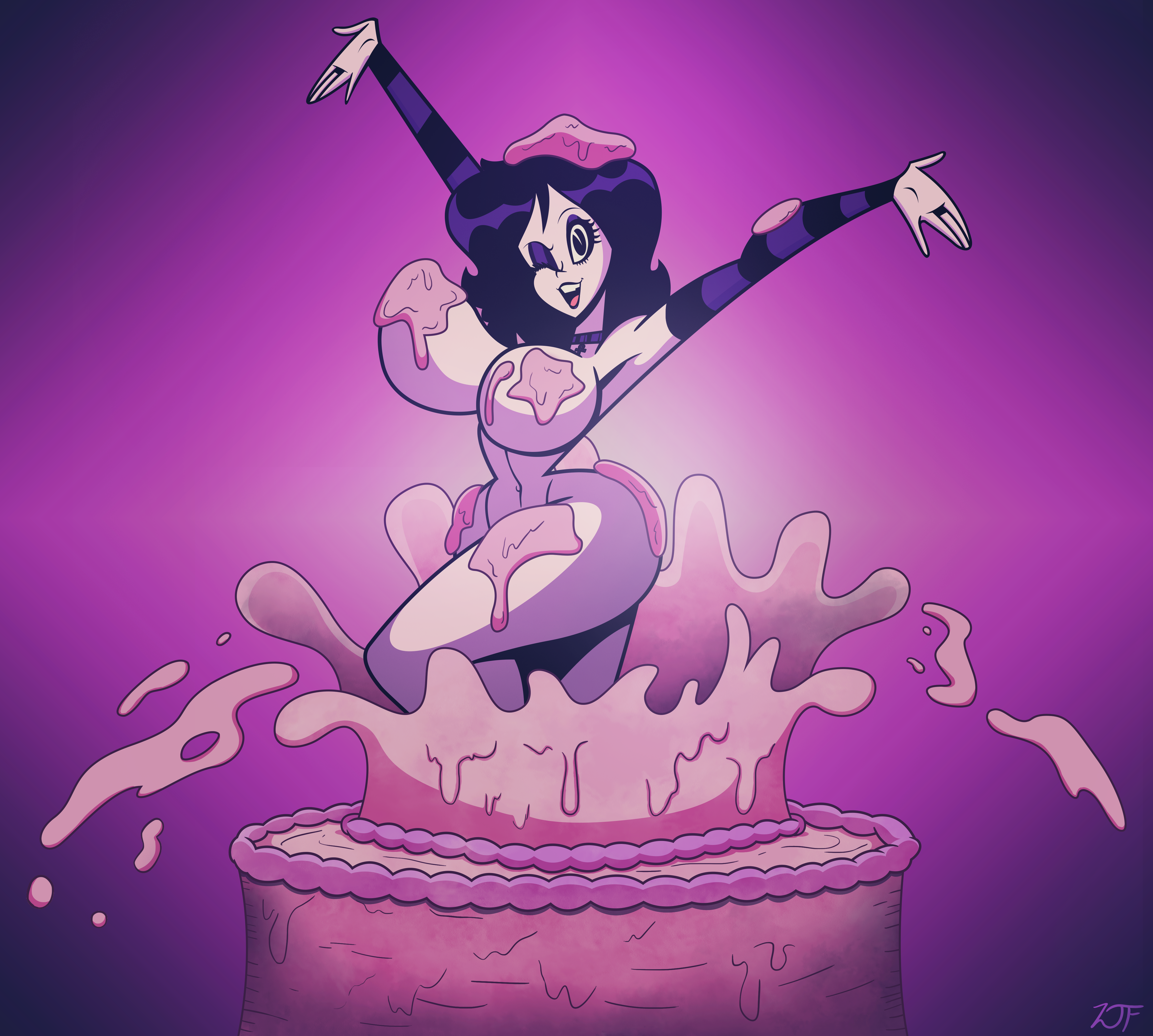 1girls ankh arm_socks arms_up artist_signature bare_shoulders belt big_breasts black_eyes black_hair black_lipstick breasts cake cake_stripper cel_shading character_name chocker cleavage curvy curvy_female curvy_figure extended_arm eyelashes eyeshadow female full_body goth goth_girl highres looking_at_viewer naked naked_female nude nude_female original original_character pale-skinned_female pale_skin purple_background rustysh4ckl3ford shaded shiny_eyes shiny_hair shiny_lips short_hair simple_background smile smiling smiling_at_viewer spread_arms standing thick_thighs violetta_ravenwing voluptuous voluptuous_female white_skin wide_hips wink winking winking_at_viewer