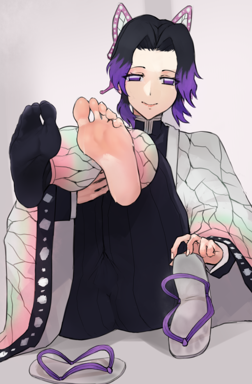 kimetsu no yaiba, barefoot, black hair, butterfly hair ornament, feet up, f...
