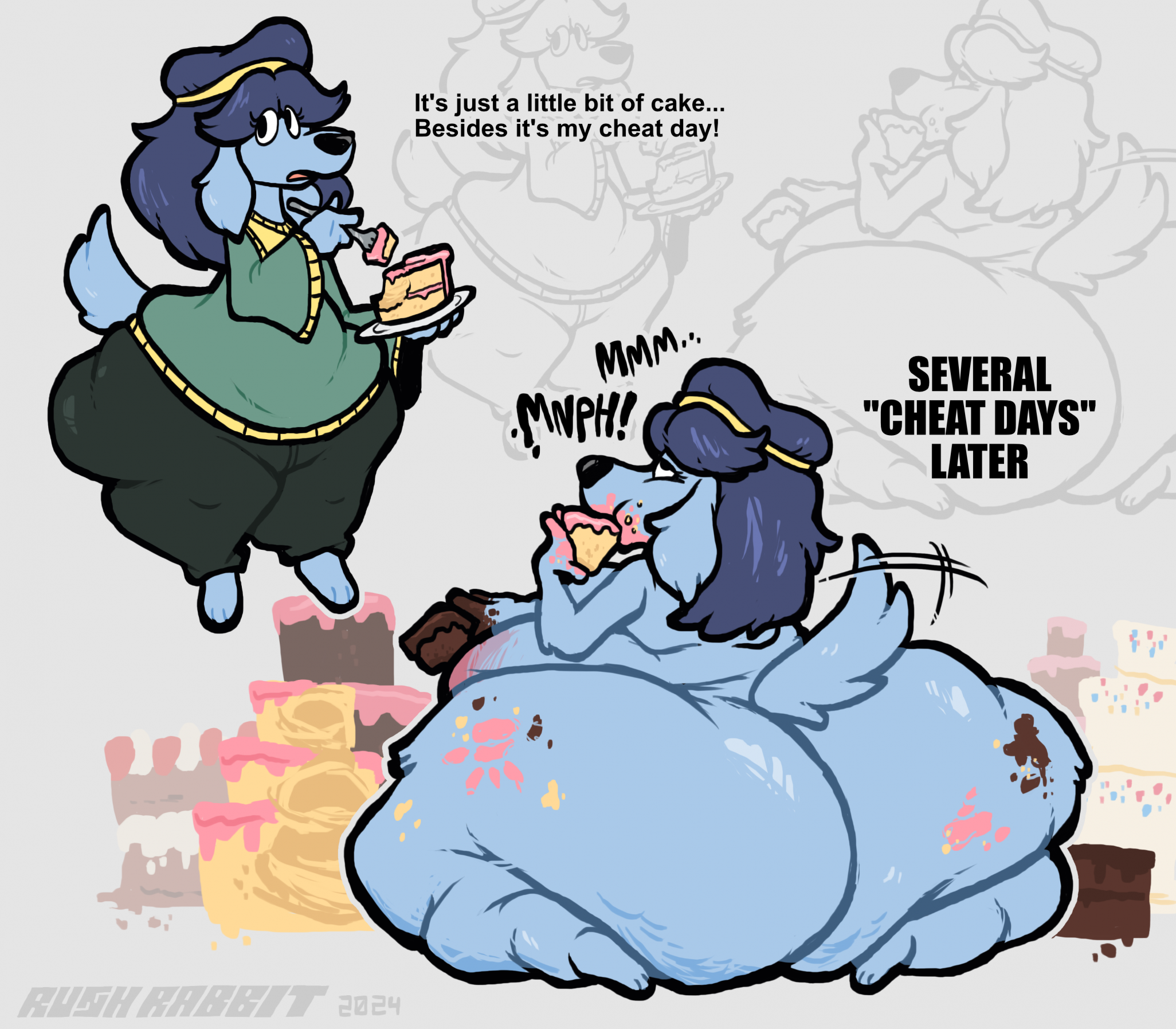 1girls anthro ass belly blue_fur blue_hair cake canine canine_humanoid cellulite dessert eating eating_food english_text fat female female_focus female_only fork furry headband hips hyper_ass large_ass lita_(fawxen) messy overweight overweight_female plate rushrabbit slob stomach sweater tailwag text thick_thighs thighs weight_gain wide_hips