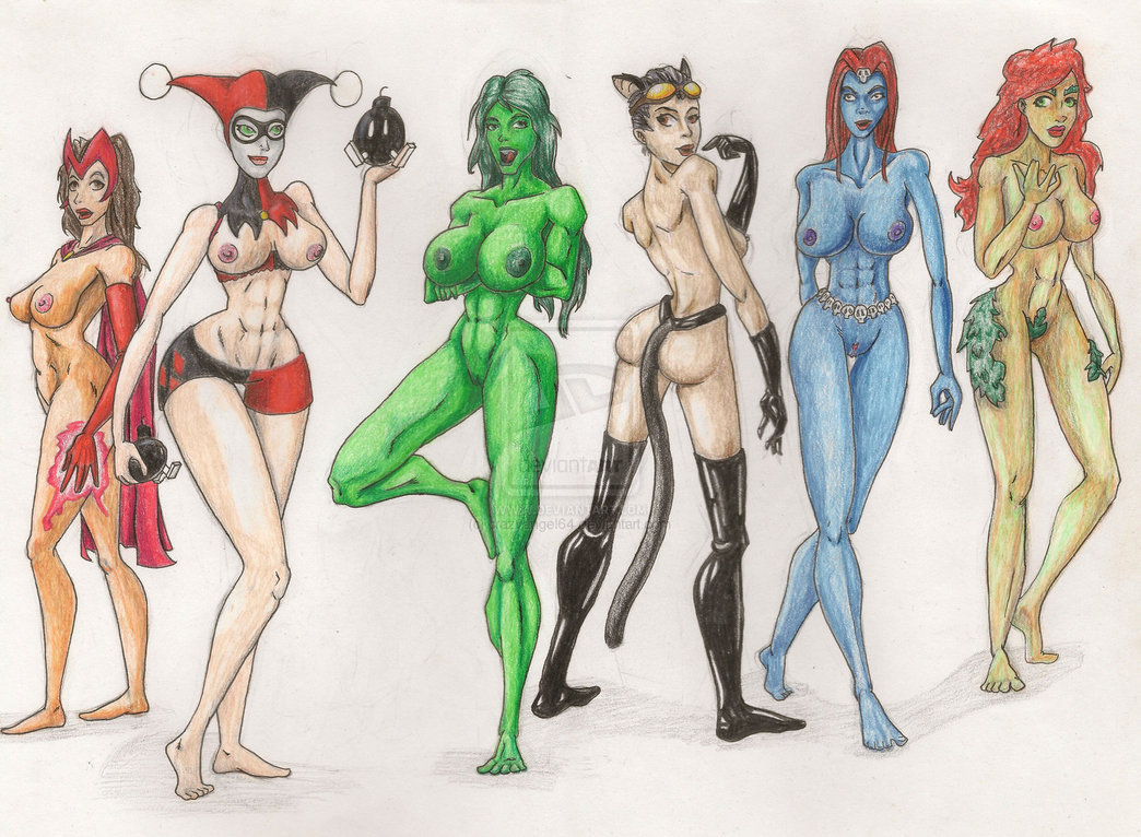 crazyangel64, catwoman, harley quinn, jennifer walters, mystique, poison ivy, she-hulk, wanda maximoff, avengers, batman (series), dc, hulk (series), marvel, x-men, crossover, female, female only, green skin, human, multiple females, 