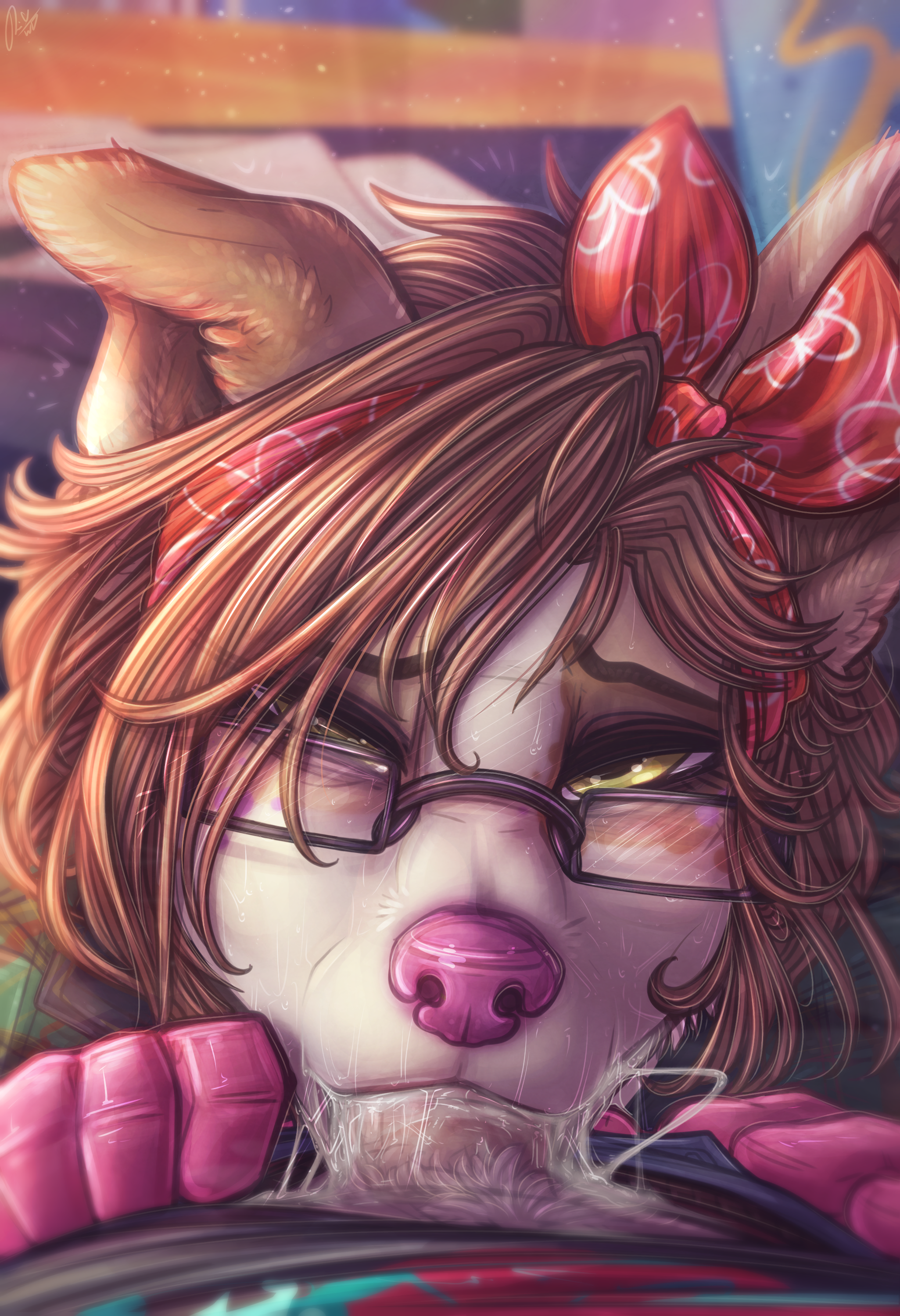 dimwitdog, dimmi (character), hi res, anthro, bandana, bodily fluids, brown hair, canid, canine, canis, clothing, cum, cum in mouth, cum inside, domestic dog, duo, eyewear, fellatio, female, fur, genital fluids, genitals, glasses, gloves, hair, handwear, looking at viewer, male, mammal, oral, penile, penis, sex, solo focus, straight, yellow eyes, 