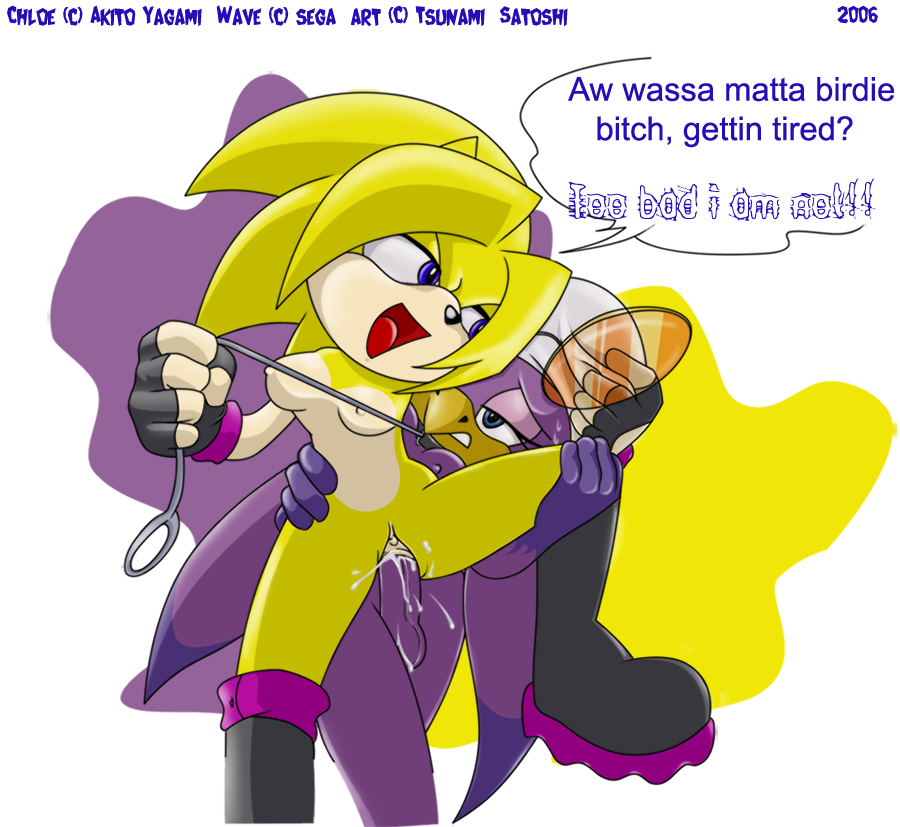 tsunami satoshi, chloe, wave the swallow, sega, sonic (series), sonic riders, anthro, balls, bandana, boots, clitoris, cum, cum in pussy, cum inside, cum swallow, dickgirl, eyewear, female, intersex, leash, penis, purple, pussy, sunglasses, swallow, vaginal penetration, yellow, 