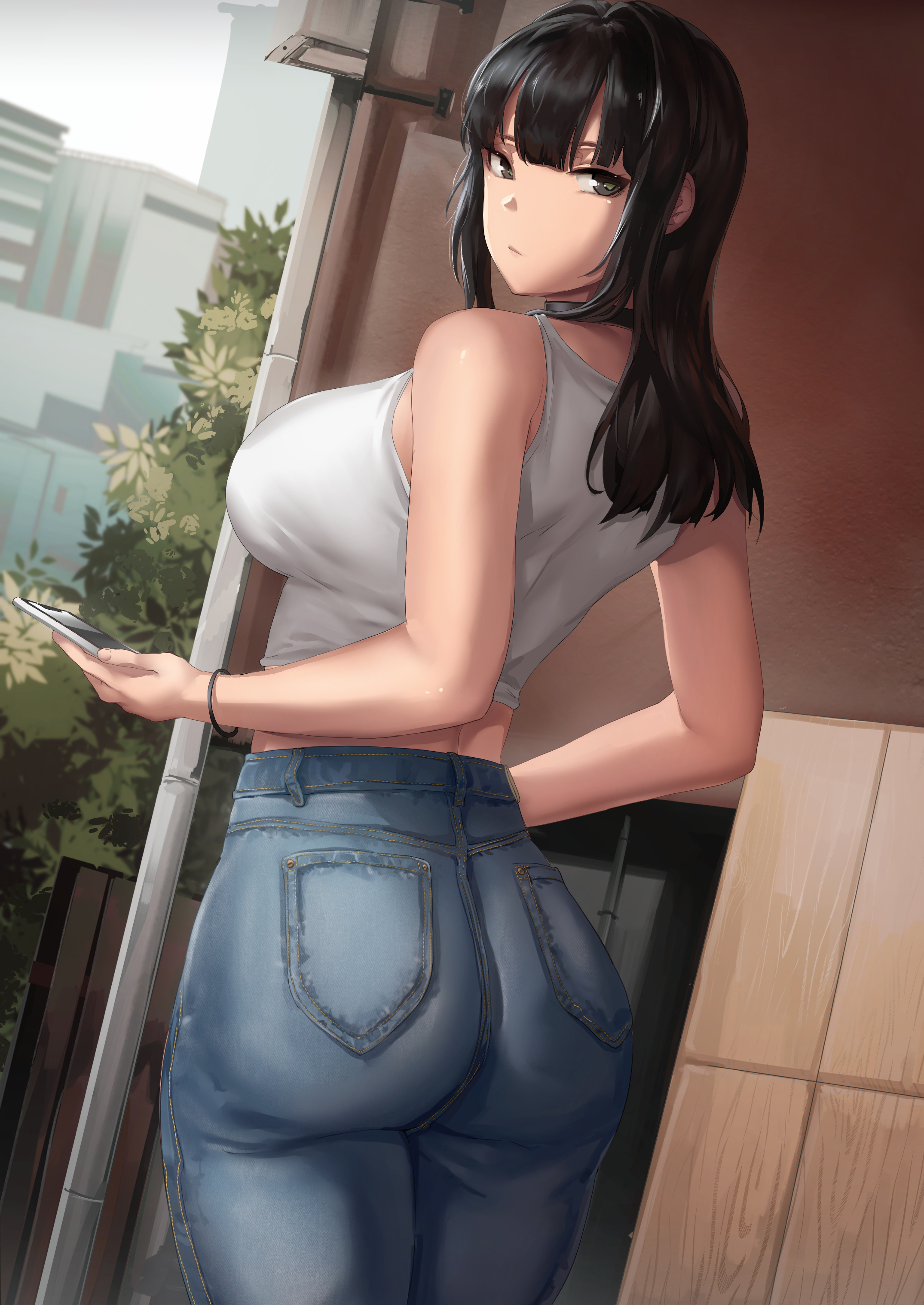 naoko (9113419), 1girls, big ass, big breasts, big butt, black hair, female, jeans, naoko-san, thick legs, thick thighs, tshirt, 