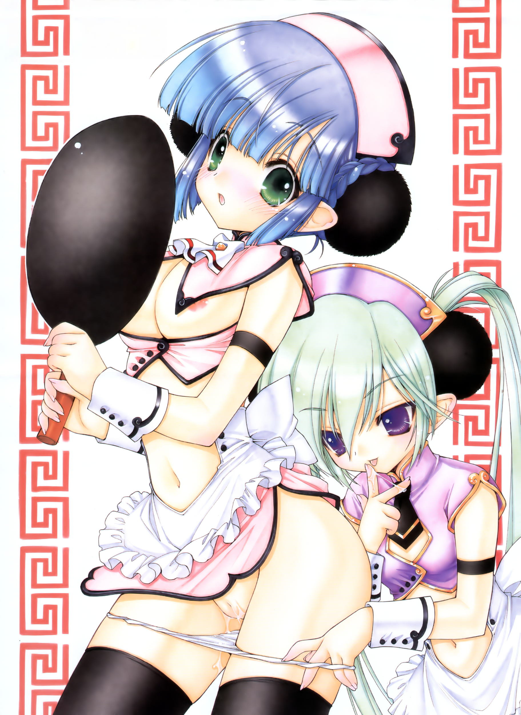 ramiya ryou, high resolution, 2girls, apron, blue hair, bow, braid, breasts, female, frying pan, green eyes, green hair, licking, maid, midriff, multiple girls, necktie, nipples, no bra, panties, panty pull, pointy ears, purple eyes, pussy, pussy juice, pussy juice trail, thighhighs, tongue, underwear, wrist cuffs, yuri, 