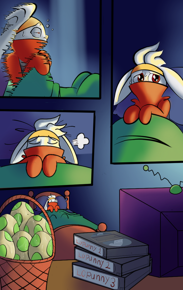 anthro bodily_fluids comic egg electronics generation_8_pokemon male nintendo pantyking pokemon pokemon_(species) raboot sleeping solo sweat television videotape waking_up