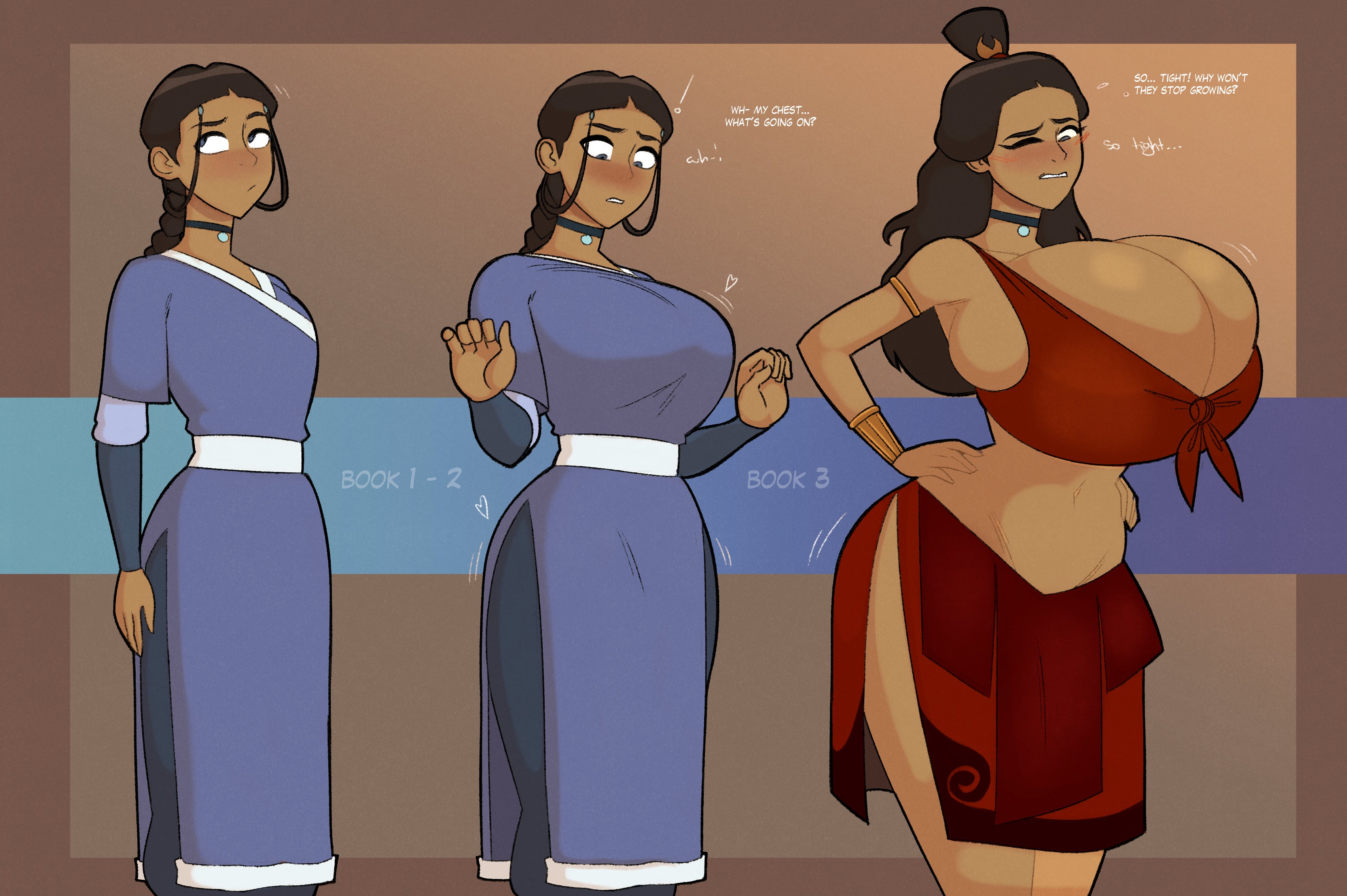 zetaskully, katara, avatar the last airbender, nickelodeon, english text, text, 1girls, 2023, 5 fingers, alternate breast size, ass, ass expansion, blue eyes, blush, braided hair, breast expansion, breasts, brown hair, cleavage, clothed, clothing, dark-skinned female, dark skin, dialogue, expansion, expansion sequence, female, female only, growth, hands on hips, human, jewelry, large breasts, motion lines, necklace, one eye closed, sequence, solo, solo female, water tribe, 