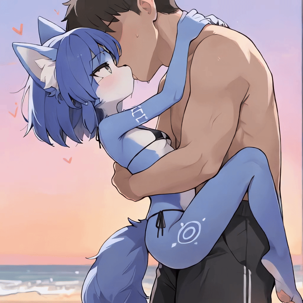 1boy 1girls 2d ai_generated aifurryposter69 animated anthro beach bra carrying carrying_partner female french_kiss furry hug hugging human_on_anthro kissing krystal male/female micro_bikini ocean panties passionate petite petite_body romantic romantic_couple sand size_difference small_breasts star_fox sunset swimsuit swimwear