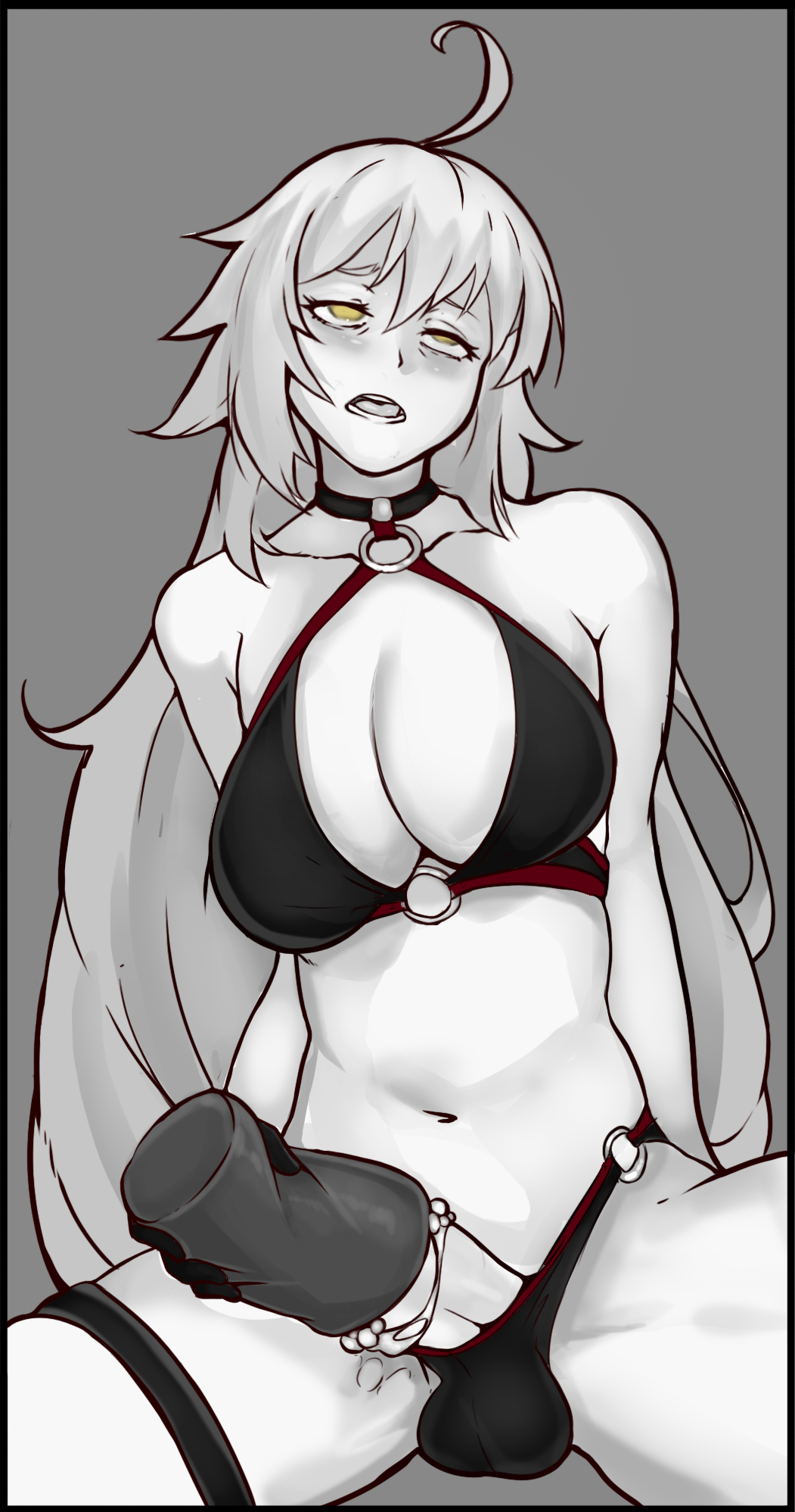 todding, jeanne alter, fate/grand order, fate (series), monochrome, 1futa, artificial vagina, balls, big penis, breasts, cleavage, dickgirl, erection, futa only, futanari, masturbation, penis, sex toy, solo, testicles, 