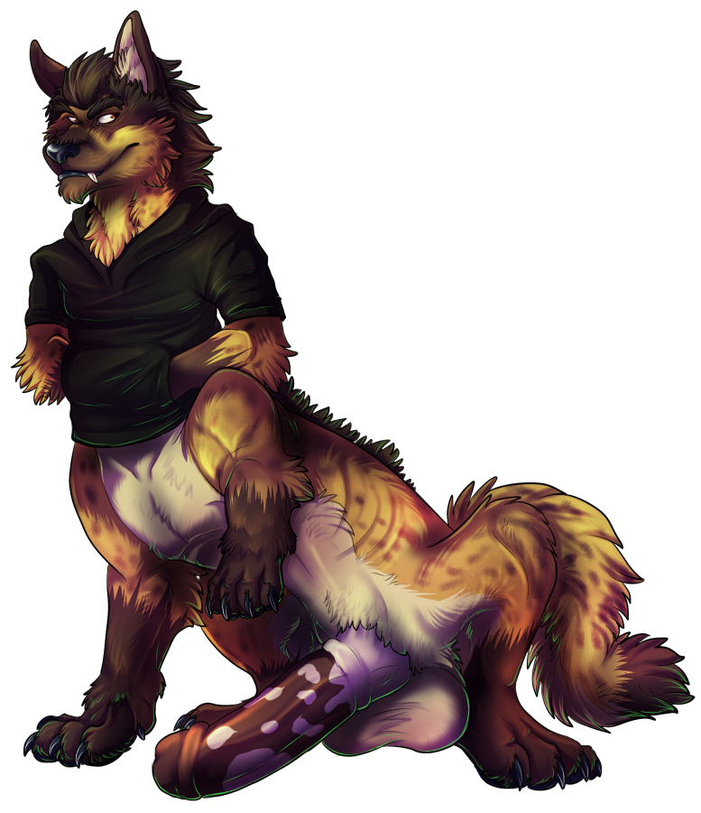 posscat, 2012, balls, big balls, bottomless, clothed, clothing, fangs, huge balls, hyena, hyper, hyper balls, hyper penis, jacket, male, male only, mammal, penis, raised leg, solo, taur, 
