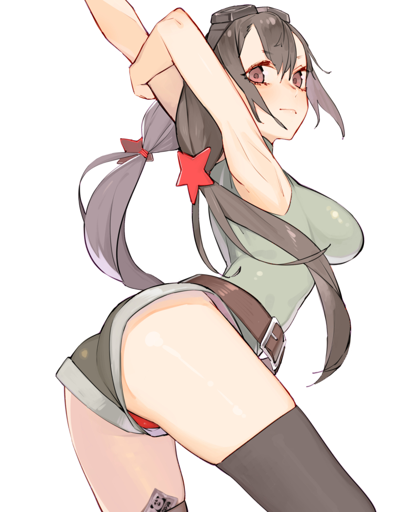 juz, type 56-1 (girls frontline), girls frontline, simple background, white background, 1girls, armpits, ass, brown hair, female, female only, looking at viewer, looking back, panties, shorts, solo, stretch, thighhighs, twintails, 