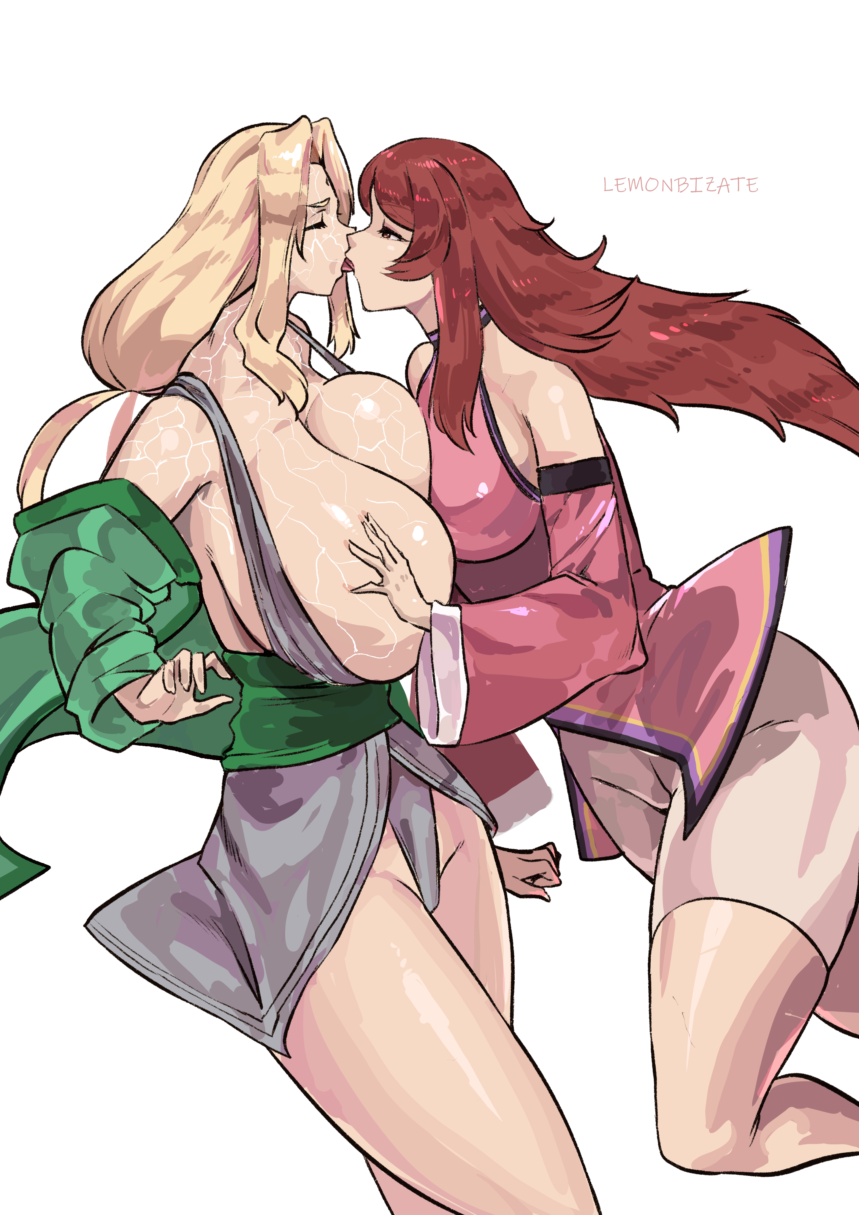 fuuka (naruto), tsunade, naruto, naruto (series), naruto shippuden, 2girls, barely clothed, big breasts, blonde hair, body markings, breasts, breasts out, chakra, chakra drain, closed eyes, clothed sex, energy drain, female/female, groping, groping breasts, half-closed eyes, haori, huge breasts, kimono, kissing, large breasts, lemonbizate (artist), mature, mature female, mature woman, milf, mostly nude, multiple girls, oppai, panties, red hair, sagging breasts, standing, very long hair, voluptuous, yuri, 