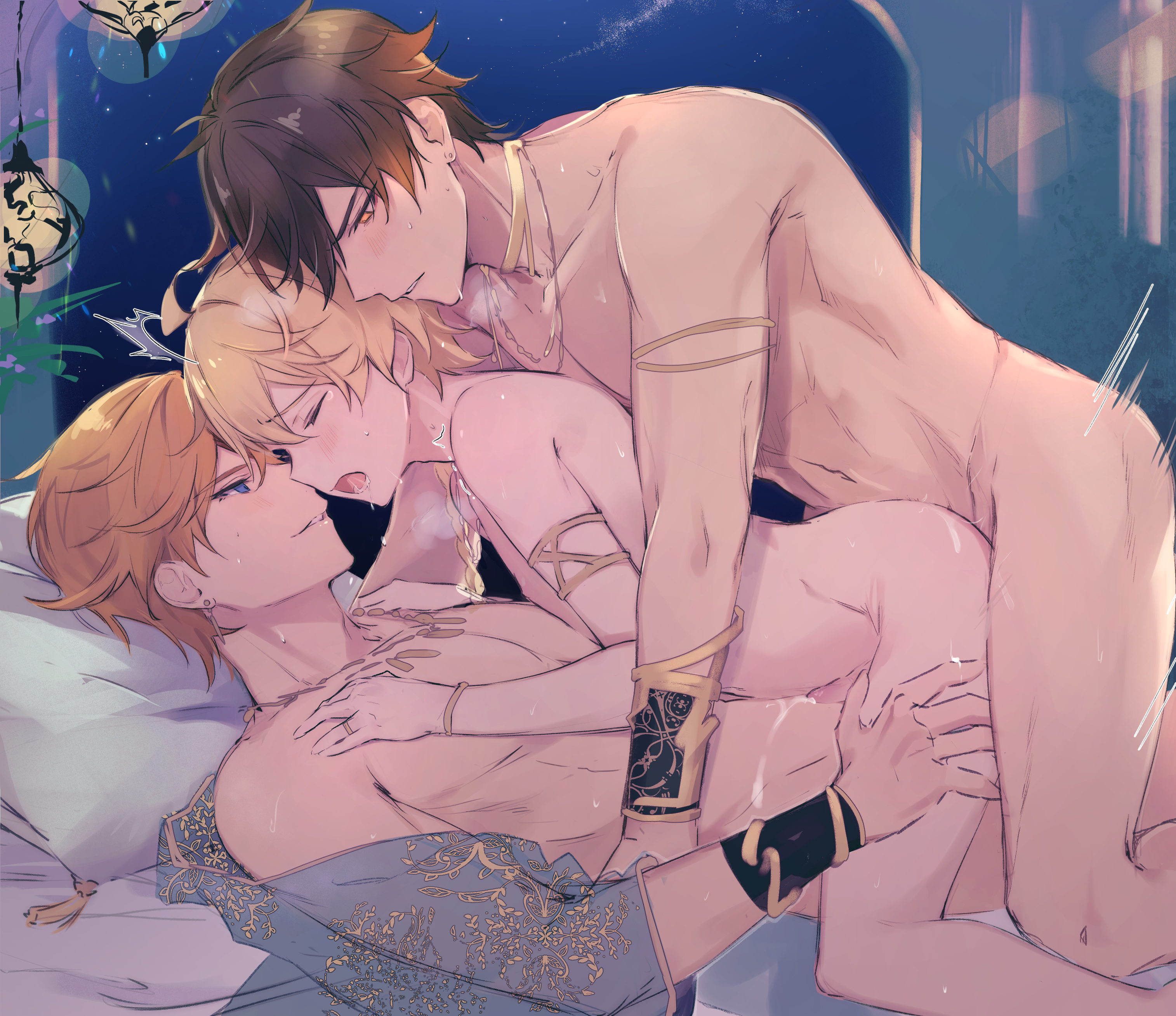 absurdres, highres, 3boys, aether (genshin impact), anal, bangs, black hair, blonde hair, blue eyes, blush, brown hair, closed eyes, cum, from side, genshin impact, gradient hair, group sex, gumilkx, jewelry, lantern, lying, male focus, mmm threesome, multicolored hair, multiple boys, necklace, nude, on back, open mouth, orange eyes, orange hair, otoko no ko, penis, pillow, profile, saliva, sex, sweat, tartaglia (genshin impact), tassel, threesome, yaoi, zhongli (genshin impact), 