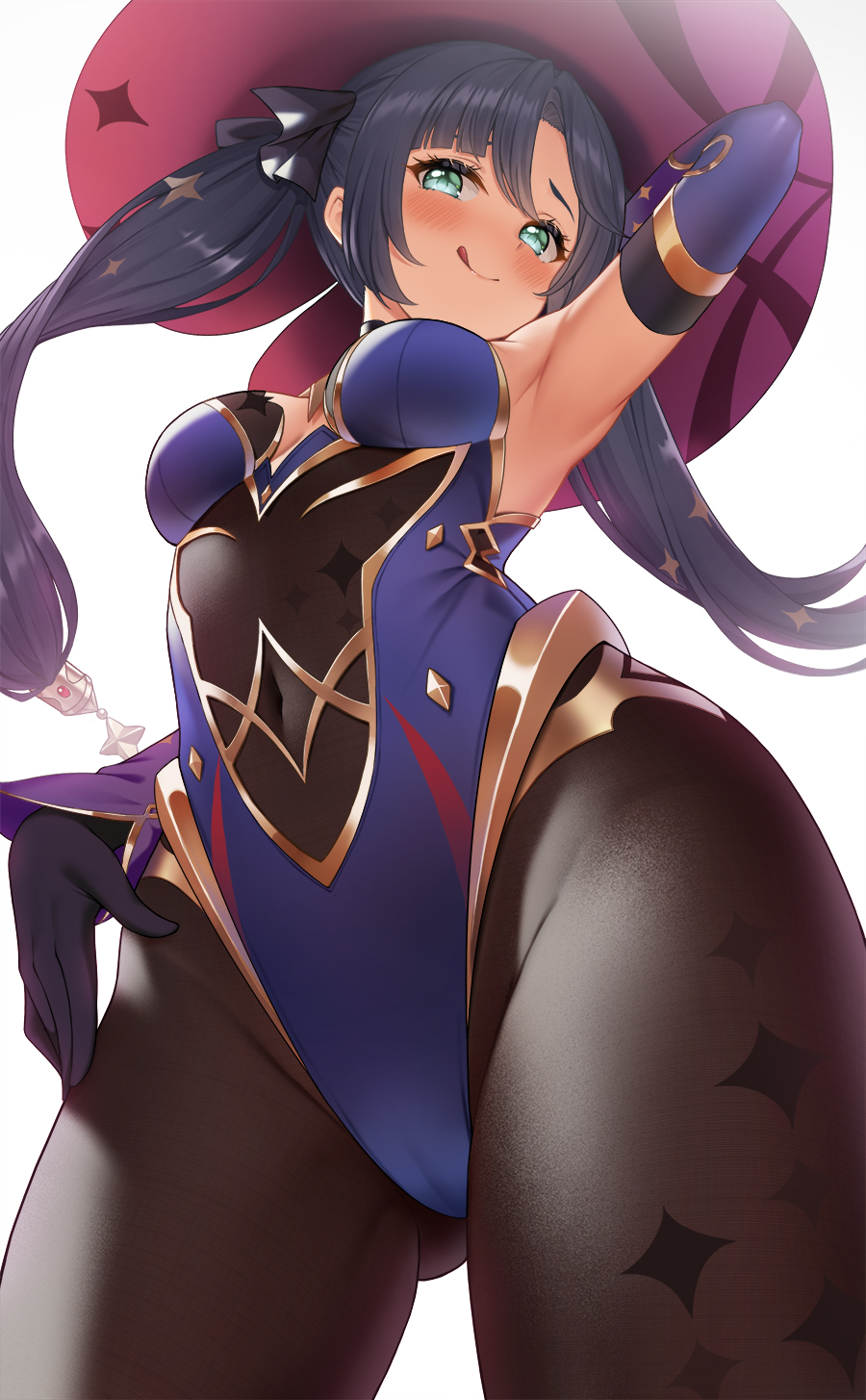 highres, 1girls, :p, armpits, ass visible through thighs, blush, bodystocking, breasts, cameltoe, covered navel, female, female only, genshin impact, highleg leotard, leotard, looking at viewer, mona (genshin impact), naughty face, pantyhose, seicoh, tongue, tongue out, twintails, wide hips, witch hat, 