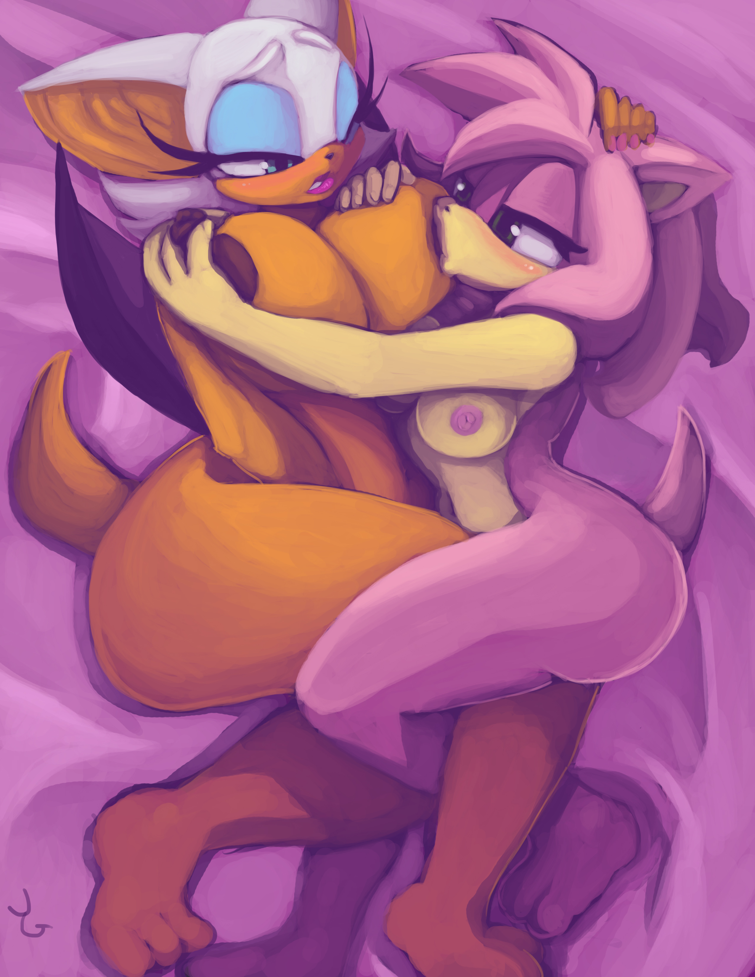 jigglet, amy rose, rouge the bat, sonic (series), absurd res, hi res, anthro, big breasts, blush, breast size difference, breast suck, breasts, duo, female, fur, green eyes, half-closed eyes, hand on breast, hand on head, interspecies, lying, navel, nipple play, nipple suck, on side, pink fur, sucking, yuri, 