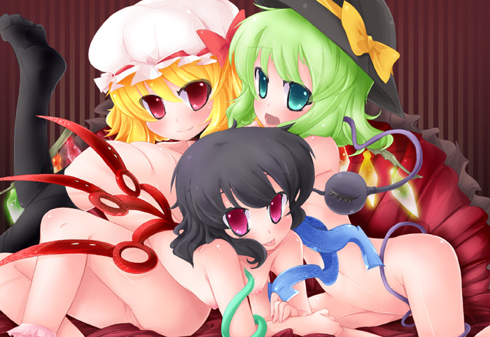 akihara nakuru, flandre scarlet, koishi komeiji, nue houjuu, touhou, 3girls, all fours, ass, black hair, blonde hair, blue eyes, clothing, embracing, female, green hair, hat, headwear, hug, multiple girls, nipples, nude, pettanko, red eyes, short hair, sitting, thighhighs, third eye, third eyes, top-down bottom-up, vagina, wings, 