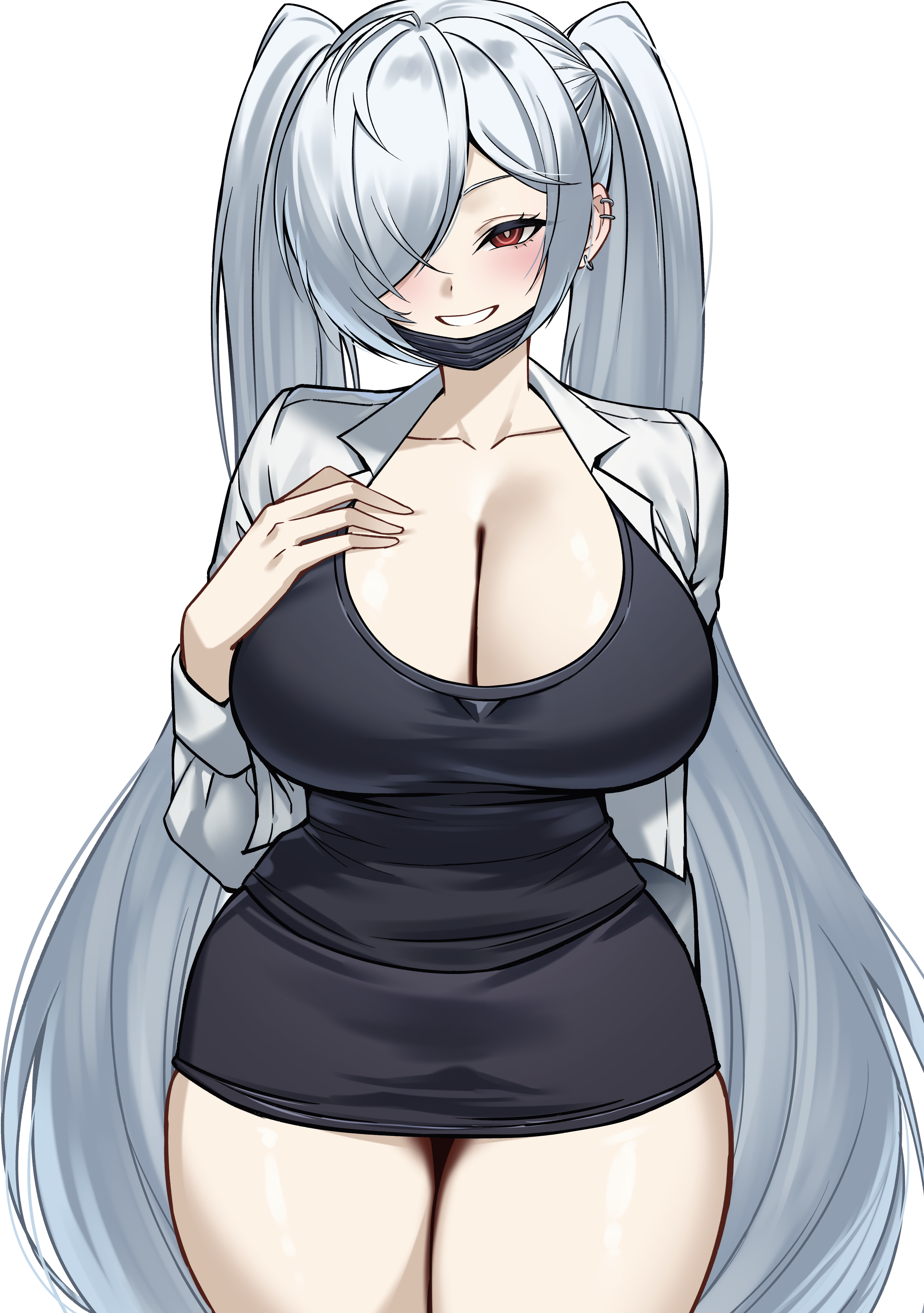absurdres black_dress black_mask breasts cinderella_(nikke) cleavage cowboy_shot dress earrings female goddess_of_victory:_nikke grin hair_over_one_eye highres jewelry lab_coat large_breasts long_hair looking_at_viewer mask mask_pull mouth_mask nsd_(neangsadu) red_eyes short_dress simple_background smile solo thighs tight_clothes tight_dress twintails very_long_hair white_background white_hair