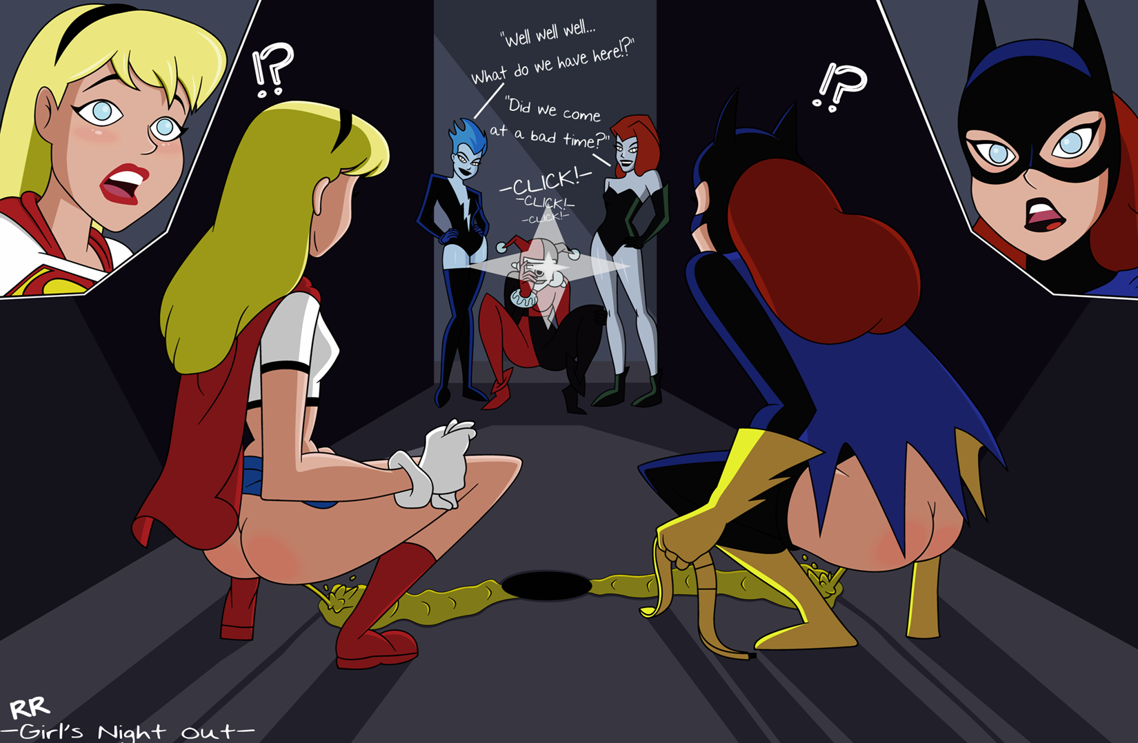 randomrandom, barbara gordon, batgirl, batman, harley quinn, livewire, pois...