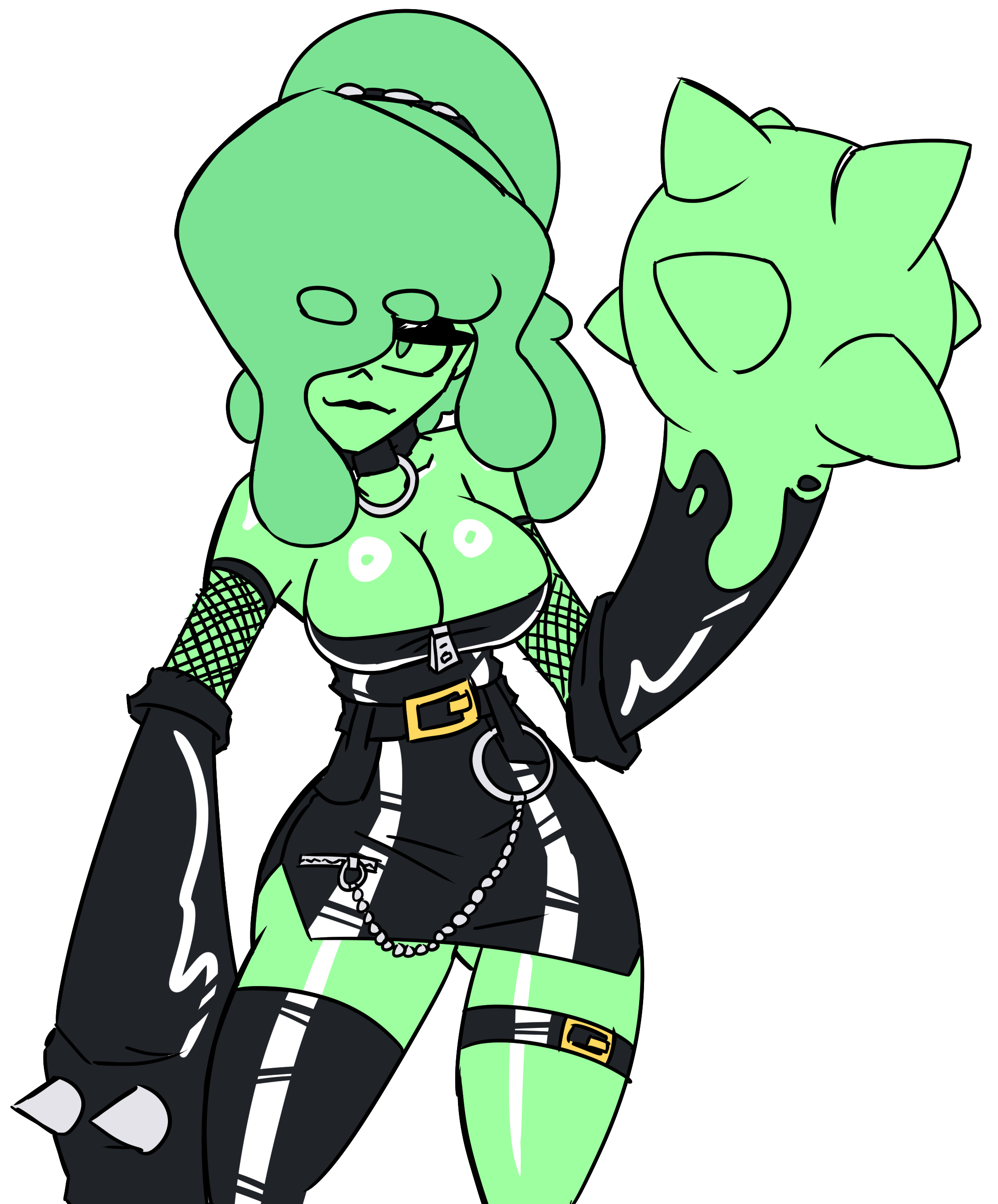 absurd_res big_breasts black_dress bonk150 breasts butt_fang chains choker cleavage collar collar_ring collarbone collarbones eyebrows_visible_through_hair female fishnet fishnet_armwear fishnet_clothing fishnets gold_buckle goth goth_girl gothic green_body green_eyes green_hair green_skin hair_over_one_eye hair_tied hairband hi_res jenny_(bonk150) latex latex_arm_warmers latex_armwarmers latex_armwear latex_clothing latex_dress latex_gloves latex_legwear latex_stockings latex_thighhighs lipstick looking_away makeup mascara morningstar pinup ponytail shapeshift shapeshifter shapeshifting shiny shiny_body shiny_breasts shiny_clothes shiny_hair shiny_skin short_dress shoulders silver_jewelry sleeves sleeves_past_wrists slime slime_girl slimy spikes standing thigh_belt thigh_strap thighs white_background zipper zipper_dress