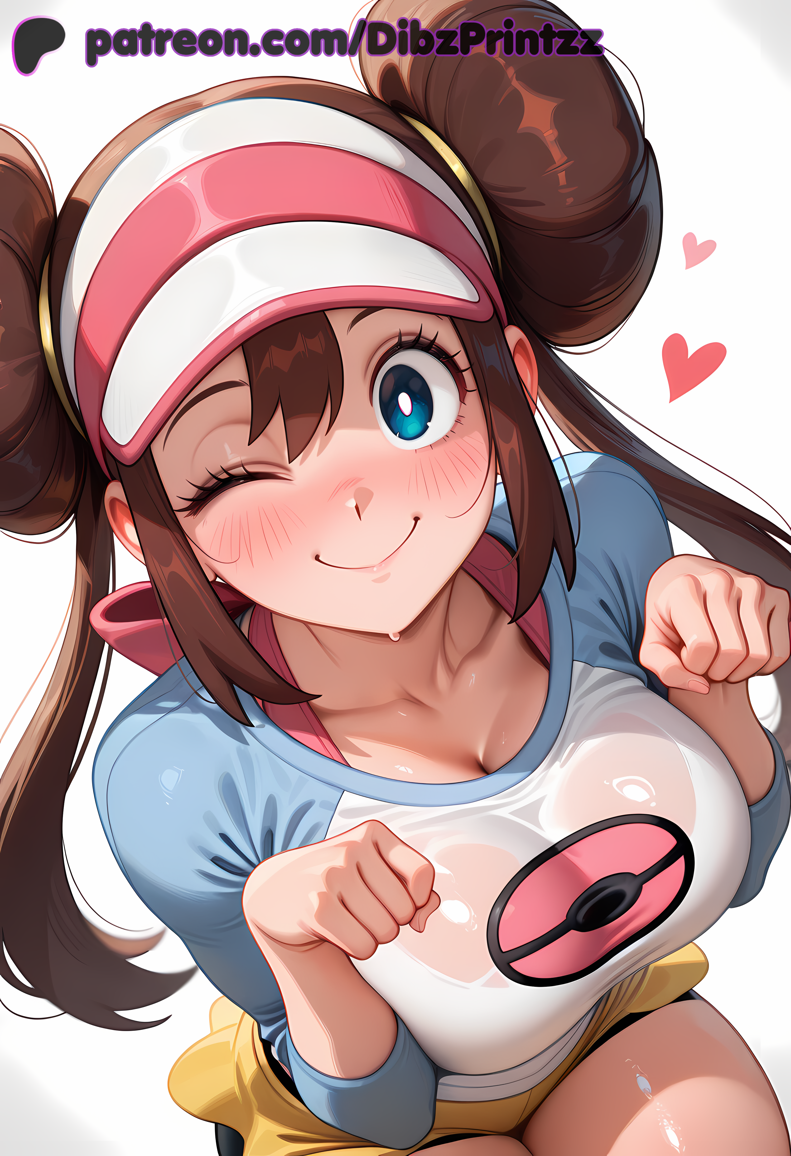 ai ai_assisted ai_generated anime artist_name blue_eyes blush breasts brown_hair cleavage closed_mouth collarbone dibzprintz double_bun hair_bun heart hi_res high_quality high_resolution highres large_breasts long_hair long_sleeves looking_at_viewer one_eye_closed pantyhose patreon_username paw_pose pink_bow pokemon pokemon_bw pokemon_bw91girl raglan_sleeves rosa_(pokemon) shirt short_shorts shorts simple_background smile solo sweat thighs twintails visor_cap watermark web_address wet wet_clothes white_background yellow_shorts