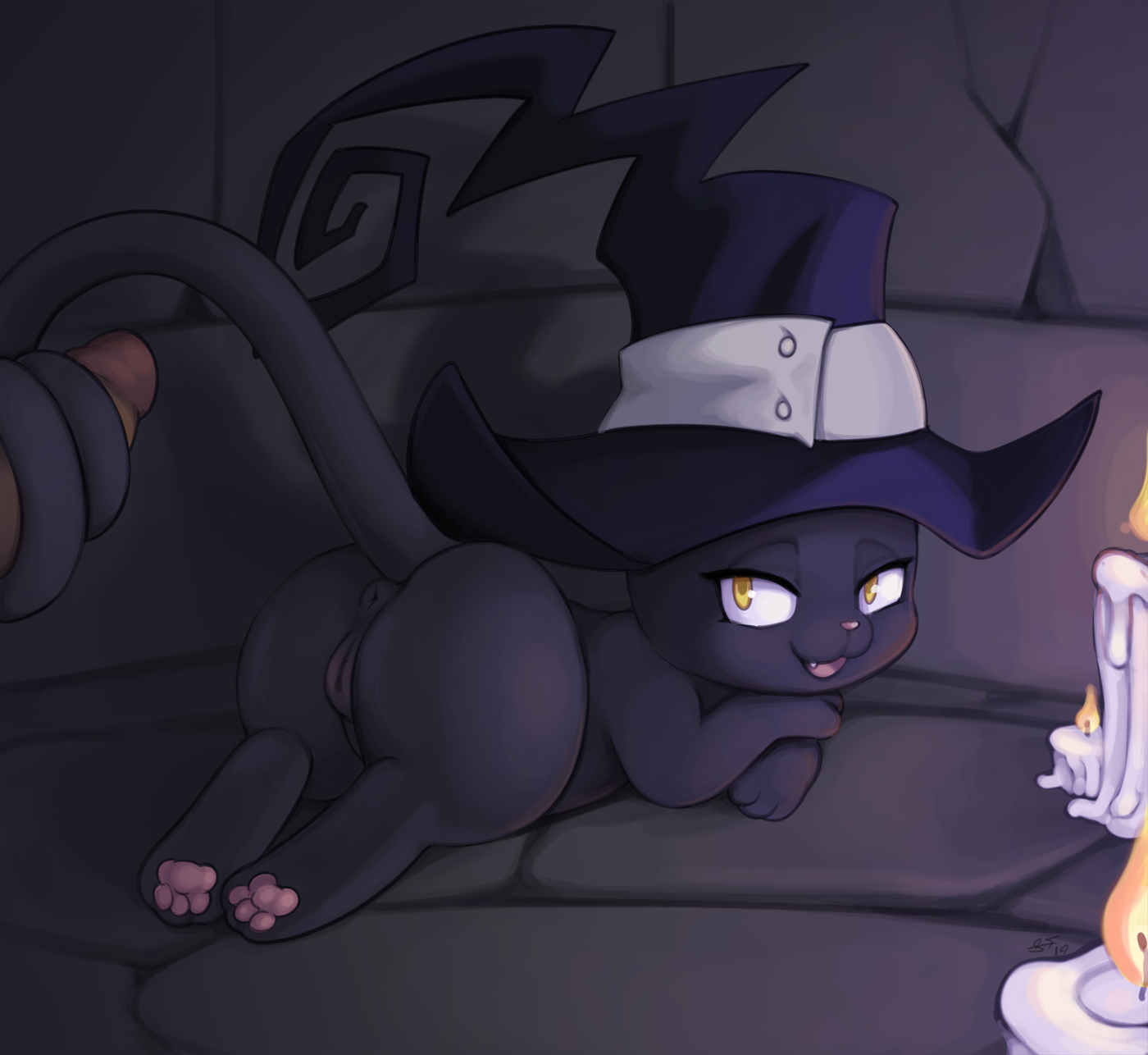 slimefur, blair, soul eater, 2019, highres, anus, disembodied penis, domestic cat, felid, feline, felis, female, feral, hat, humanoid penis, male, mammal, penis, pussy, sex, solo focus, straight, tail sex, tailjob, witch hat, yellow eyes, 