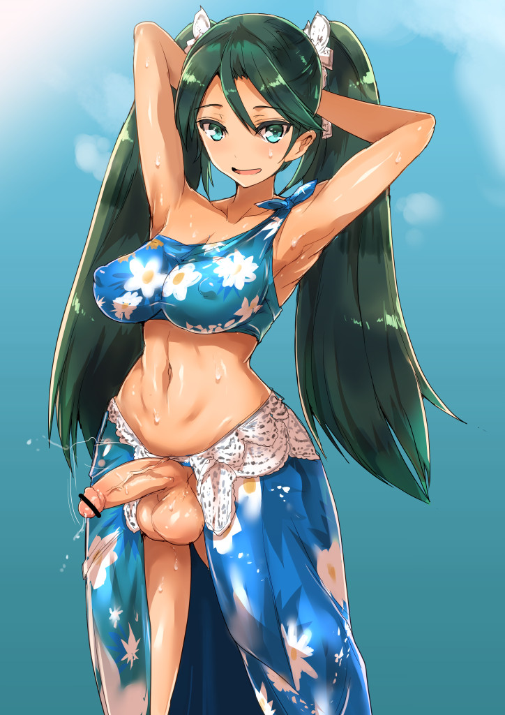 ubanis, simple background, 1girls, armpit, arms behind head, balls, bimbo, blue eyes, breasts, busty, cleavage, futanari, green hair, hair, hourglass figure, intersex, nipple bulge, penis, precum, sweat, testicles, tied hair, tight clothes, twintails, voluptuous, 