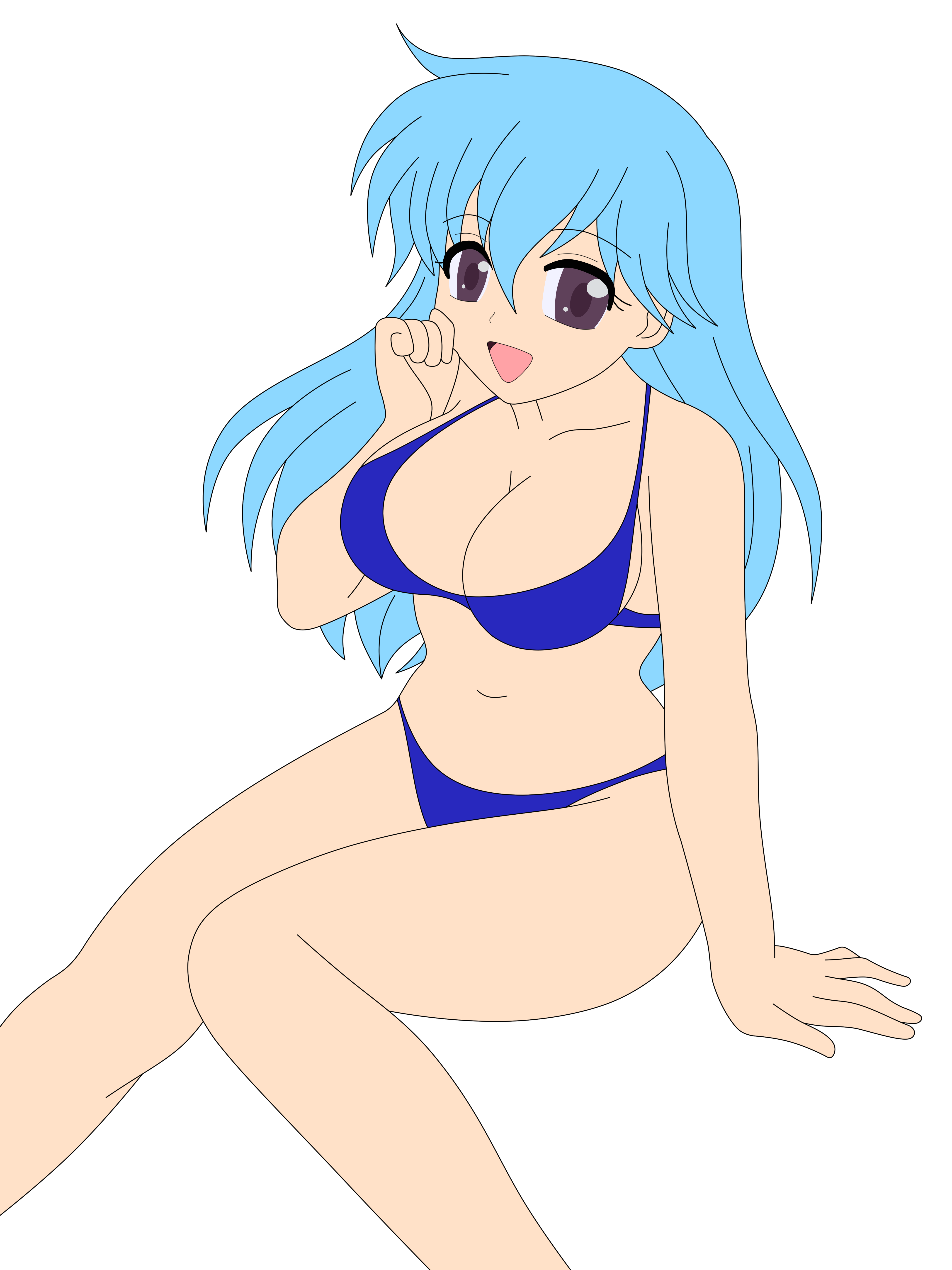 tenjouin katsura, highres, photoshop, vector trace, aqua hair, bikini, breasts, female, hat, legs, long hair, purple eyes, smile, stewardess, swimsuit, thighs, 
