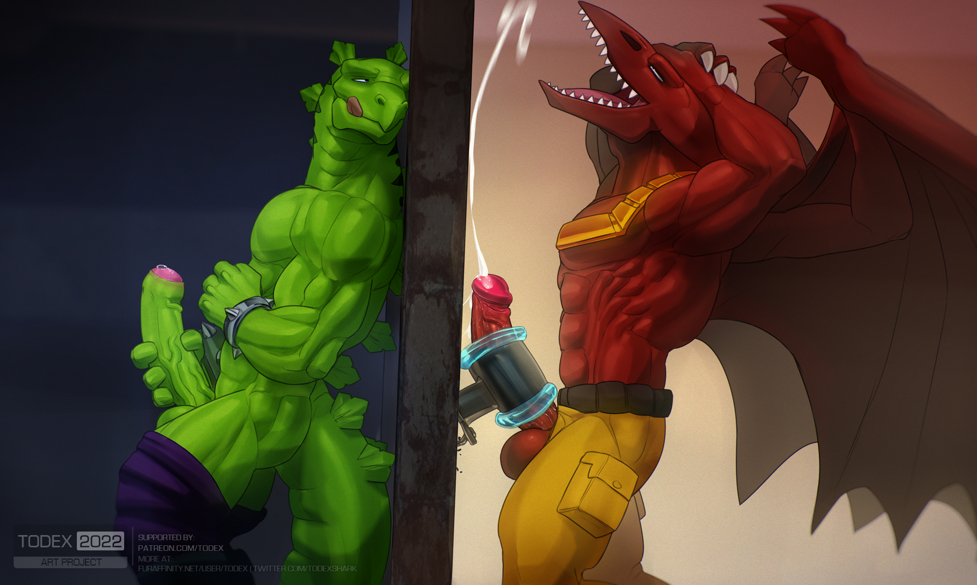 todex, bullzeye, stegz, hi res, watermark, 2022, anthro, balls, big penis, bodily fluids, clothed, clothing, cum, cumshot, dinosaur, duo, ejaculation, erection, foreskin, genital fluids, genitals, humanoid genitalia, humanoid penis, licking, licking lips, male, masturbation, muscular, muscular male, ornithischian, penetrable sex toy, penile, penile masturbation, penis, pterodactylus, pterosaur, reptile, scalie, sex toy, stegosaurian, stegosaurus, thyreophoran, tongue, tongue out, topless, voyeur, 