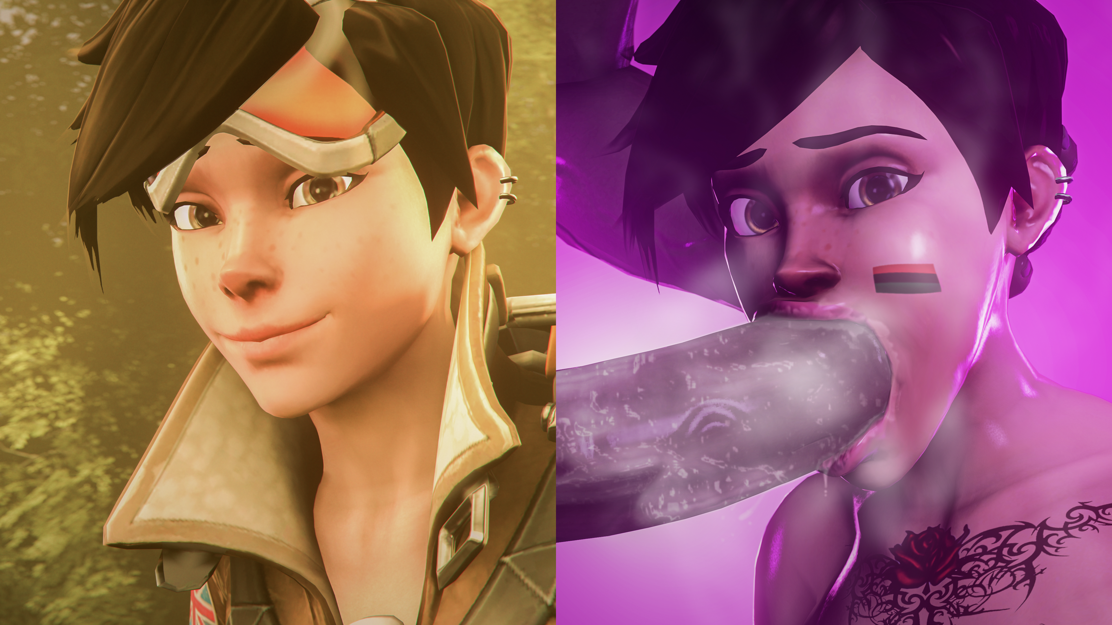 tracer, overwatch, 3d, 1boy, 1girls, big penis, blackedlila, dark-skinned male, dark skin, fellatio, female, interracial, lesbian with male, male, pan-african flag, tattoo, 